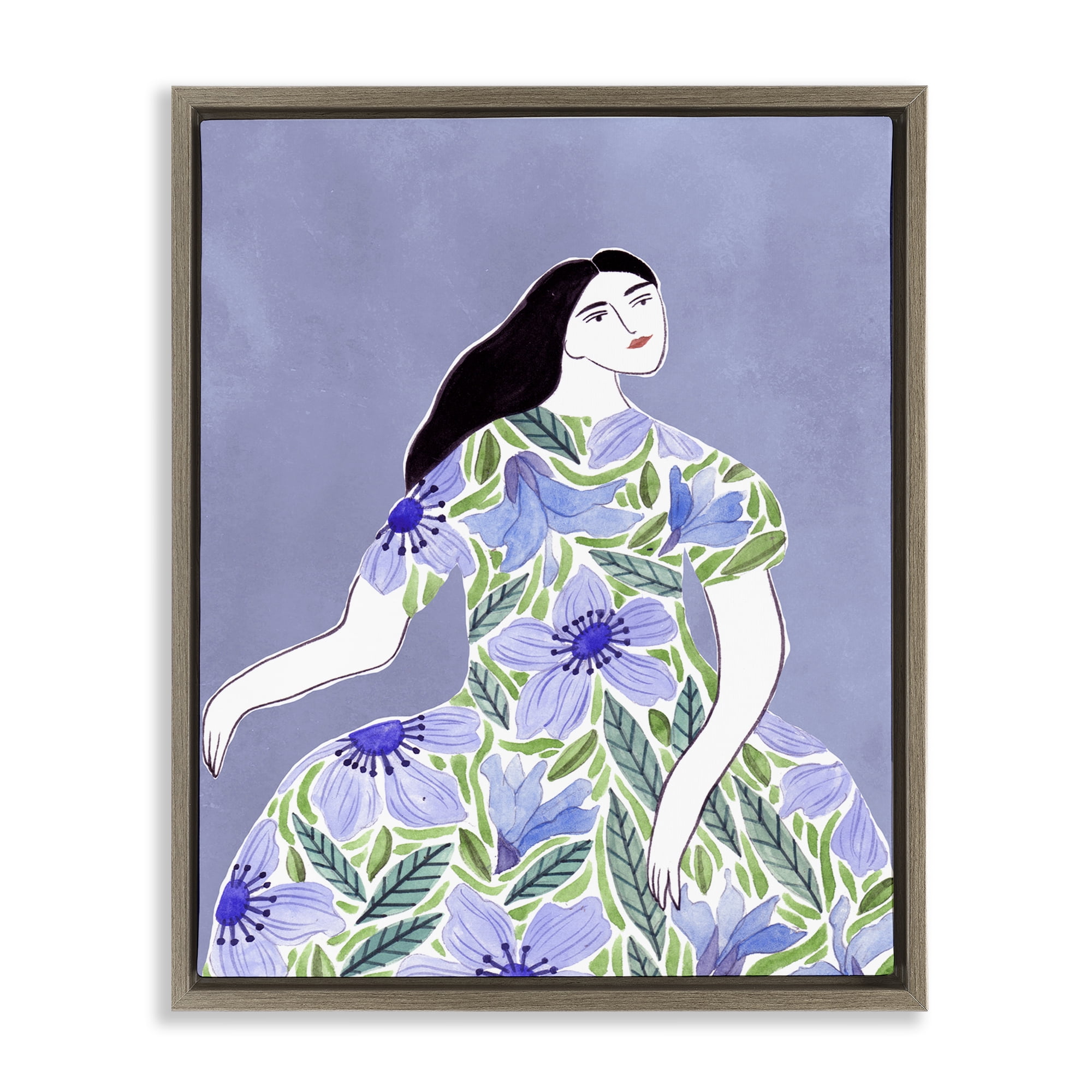 Stupell Industries Woman in Blue Floral Gown People Painting Brown Floater Framed Canvas Art Print Wall Art, 17 x 21