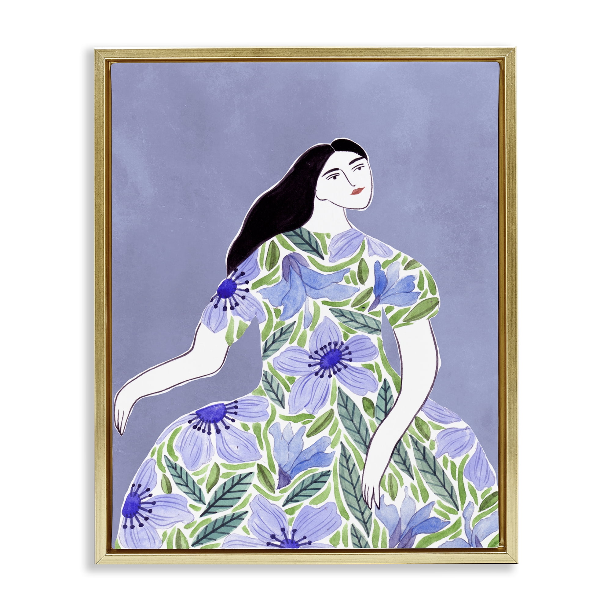 Stupell Industries Woman in Blue Floral Gown People Painting Gold Floater Framed Canvas Art Print Wall Art, 17 x 21