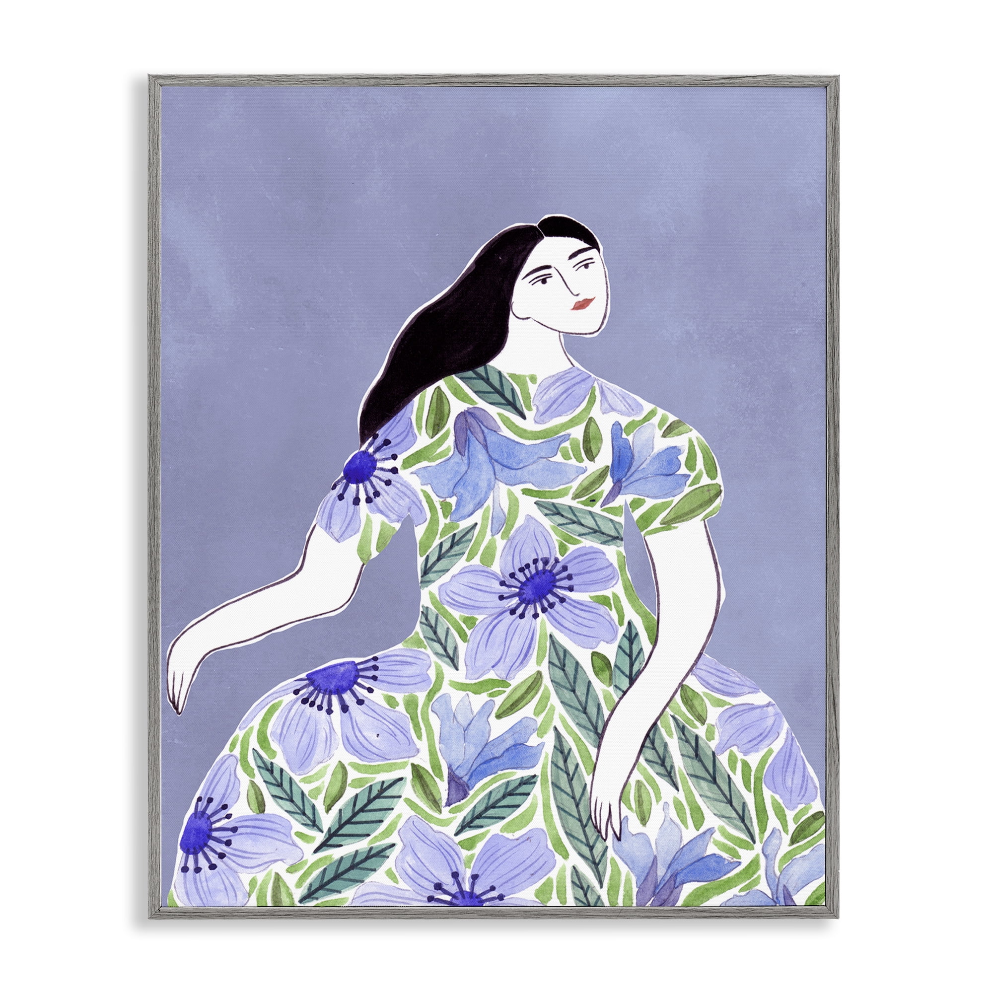 Stupell Industries Woman in Blue Floral Gown People Painting Gray Framed Art Print Wall Art, 16 x 20