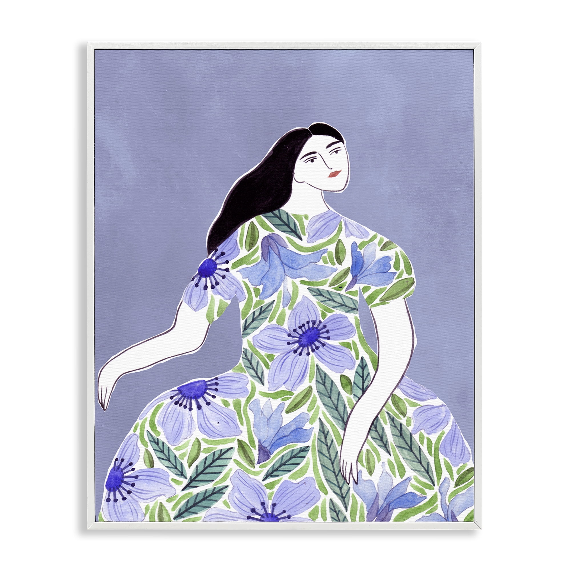 Stupell Industries Woman in Blue Floral Gown People Painting White Framed Art Print Wall Art, 16 x 20