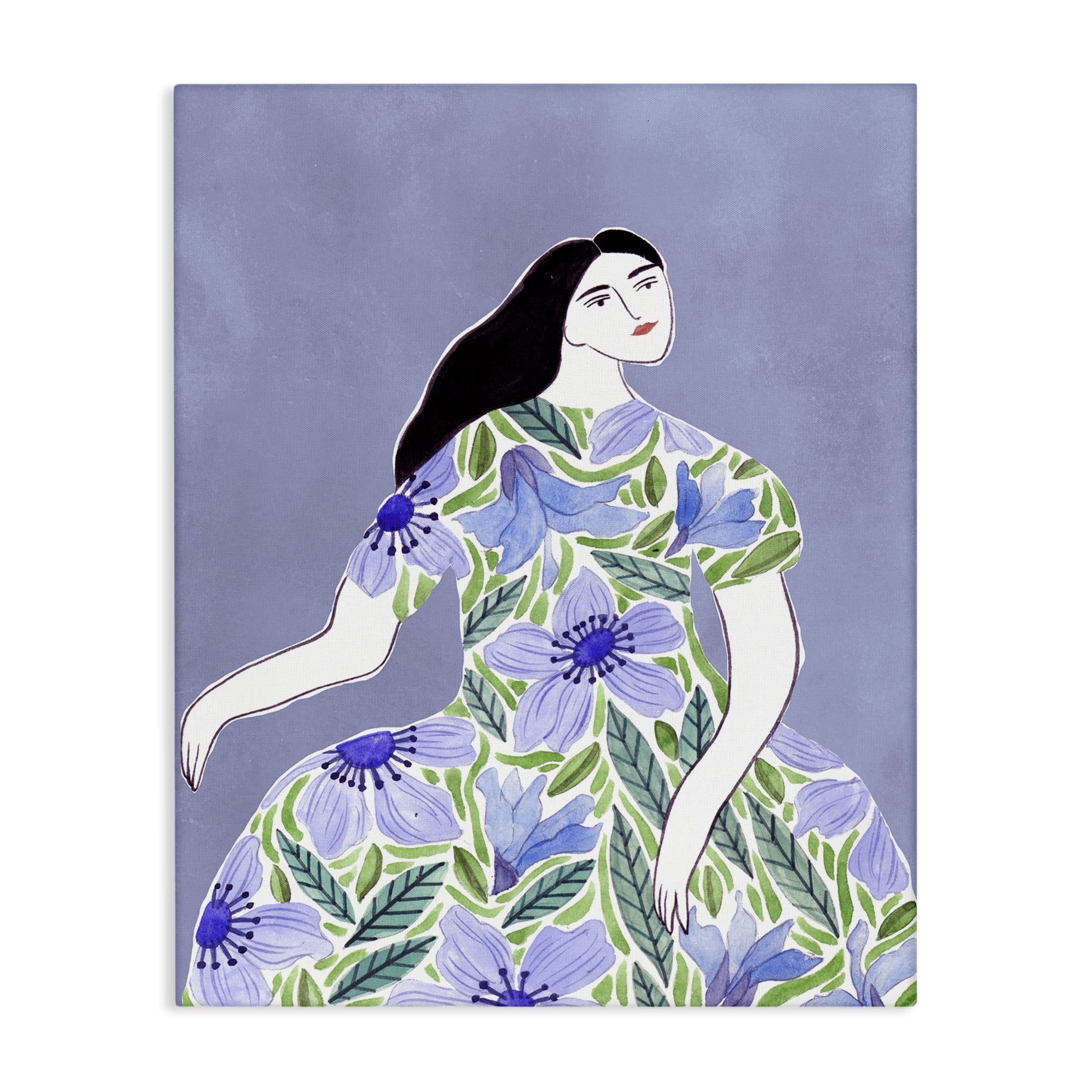 Stupell Industries Woman in Blue Floral Gown People Painting Wrapped Canvas Art Print Wall Art, 24 x 30