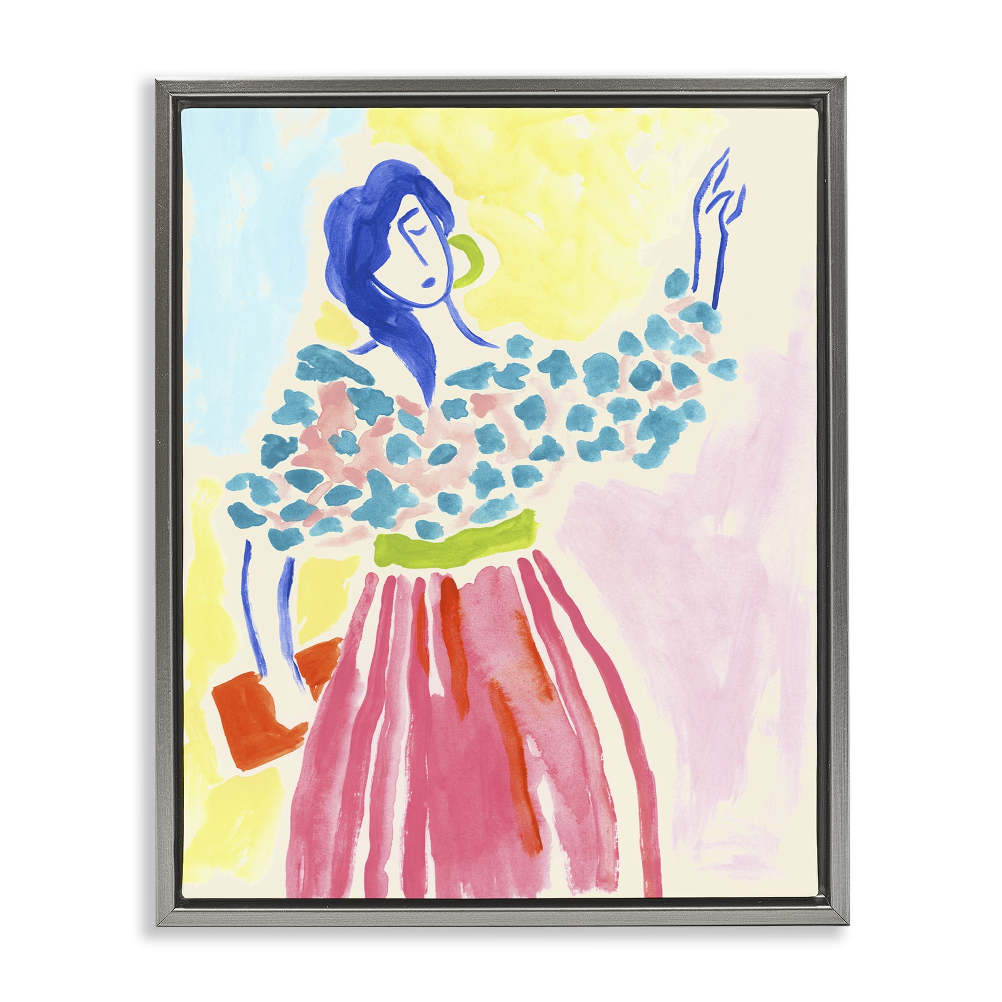 Stupell Industries Woman in Bold Dress People Painting Gray Floater Framed Canvas Art Print Wall Art, 25 x 31