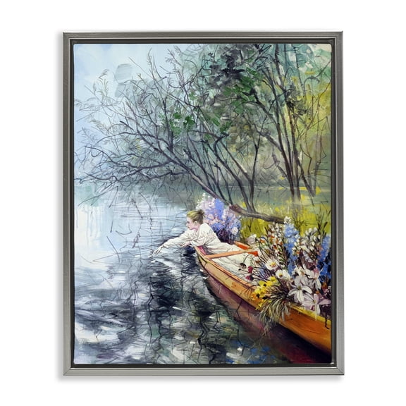 Stupell Industries Woman in Floral Filled Boat Landscape & Nature Painting Gray Floater Framed Canvas Art Print Wall Art, 17 x 21