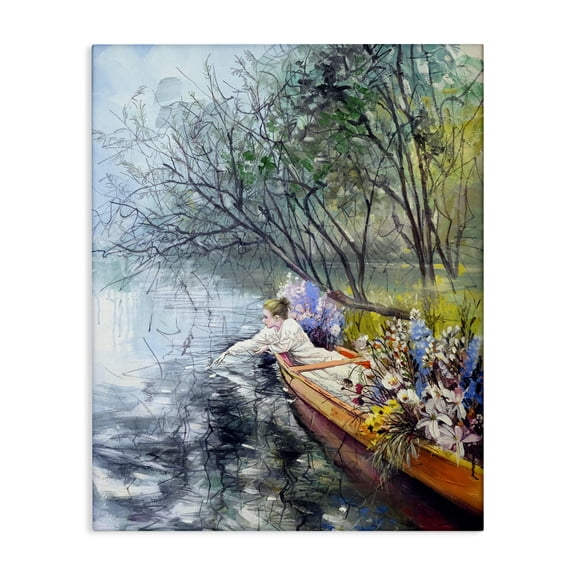 Stupell Industries Woman in Floral Filled Boat Landscape & Nature Painting Wrapped Canvas Canvas Art Print Wall Art, 16 x 20