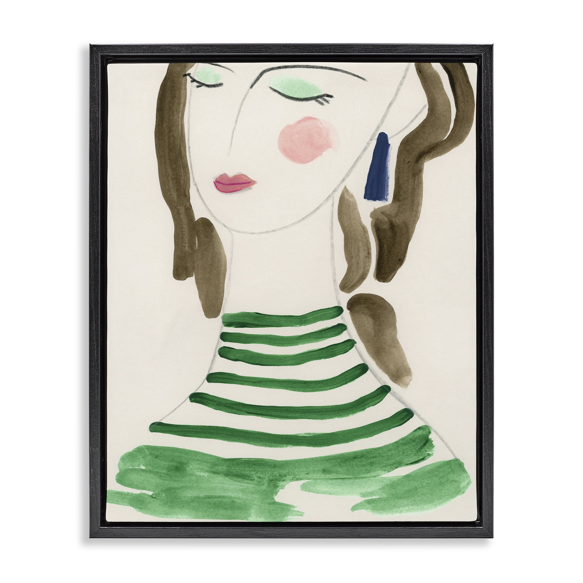 Stupell Industries Woman in Green Stripes People Painting Black Floater Framed Canvas Art Print Wall Art, 25 x 31