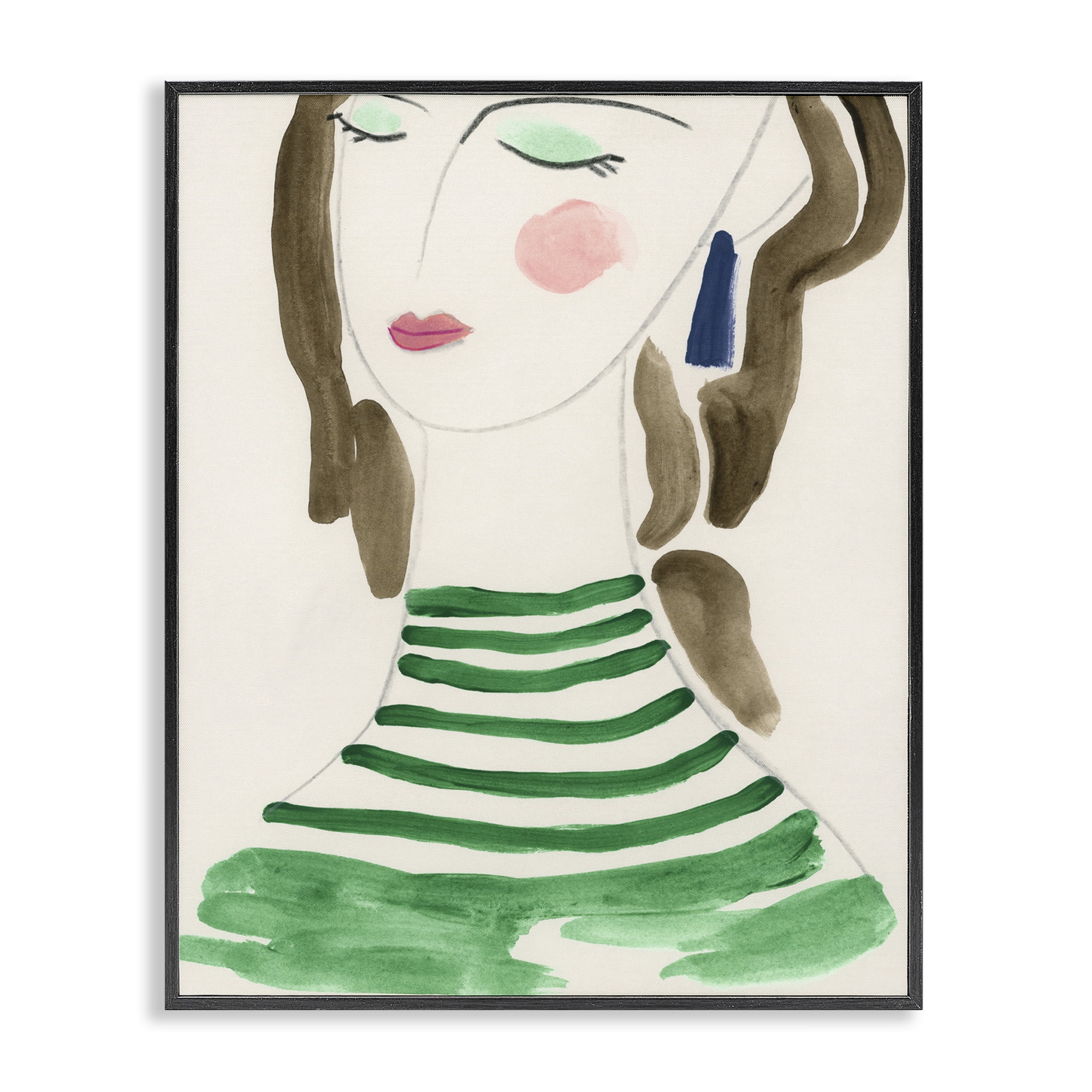 Stupell Industries Woman in Green Stripes People Painting Black Framed Art Print Wall Art, 24 x 30
