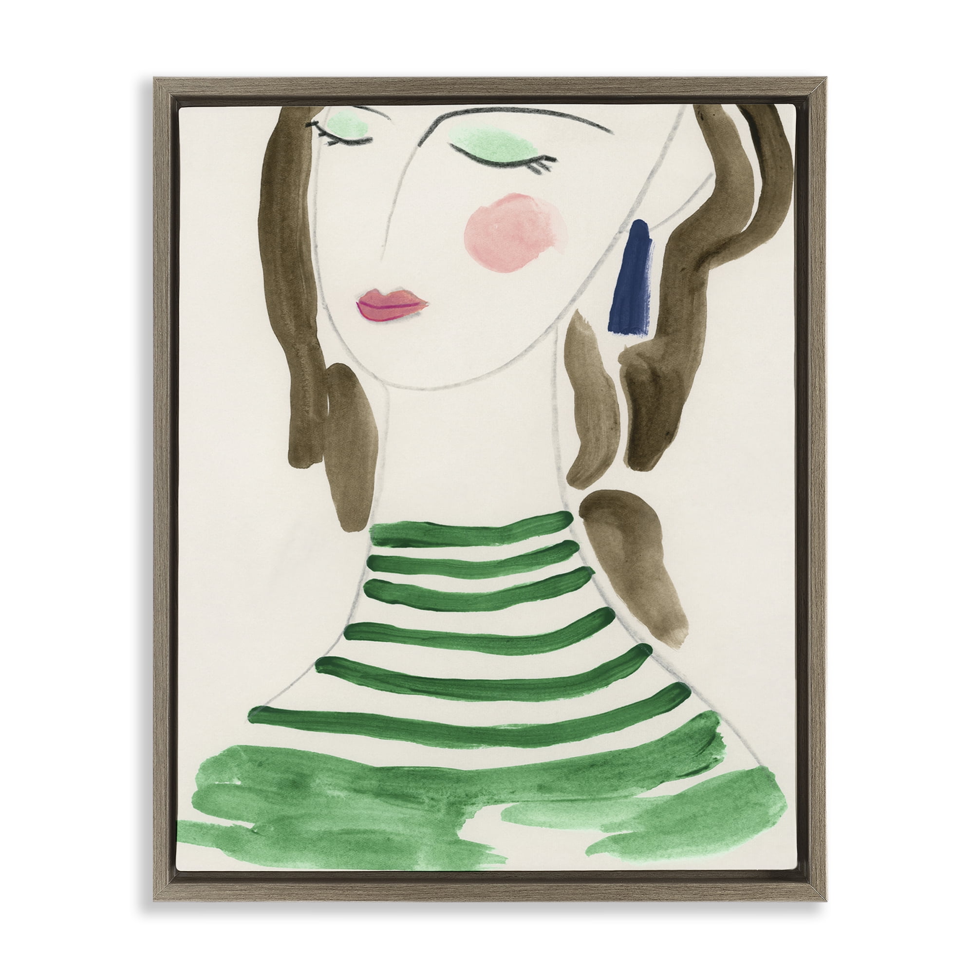 Stupell Industries Woman in Green Stripes People Painting Brown Floater Framed Canvas Art Print Wall Art, 17 x 21