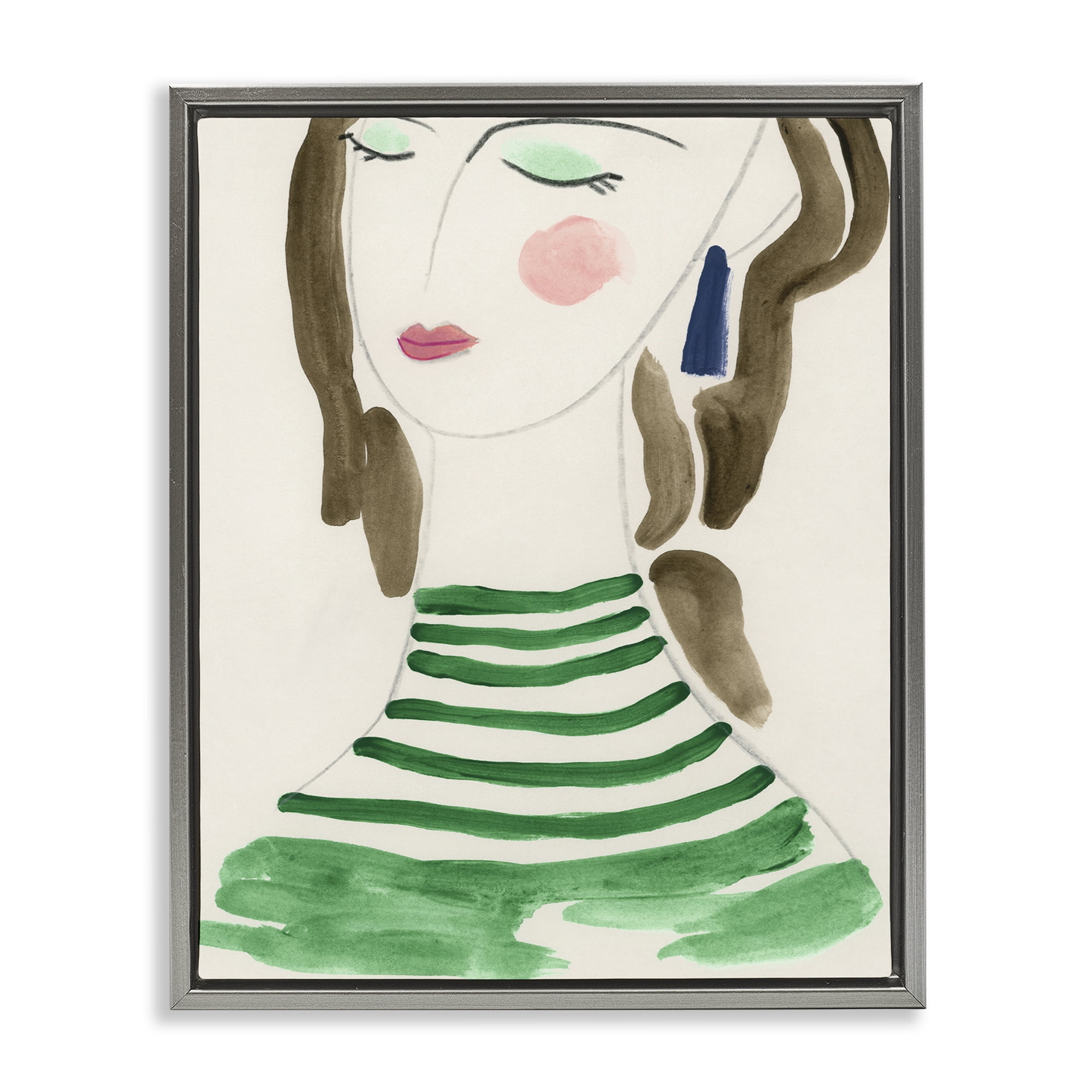 Stupell Industries Woman in Green Stripes People Painting Gray Floater Framed Canvas Art Print Wall Art, 17 x 21