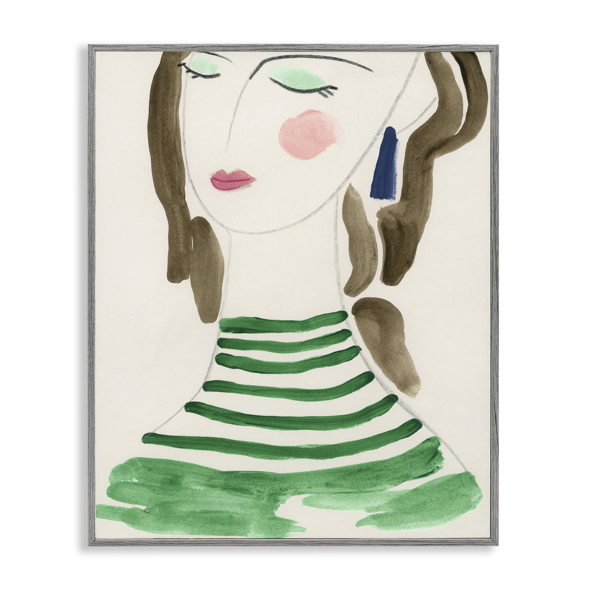 Stupell Industries Woman in Green Stripes People Painting Gray Framed Art Print Wall Art, 11 x 14