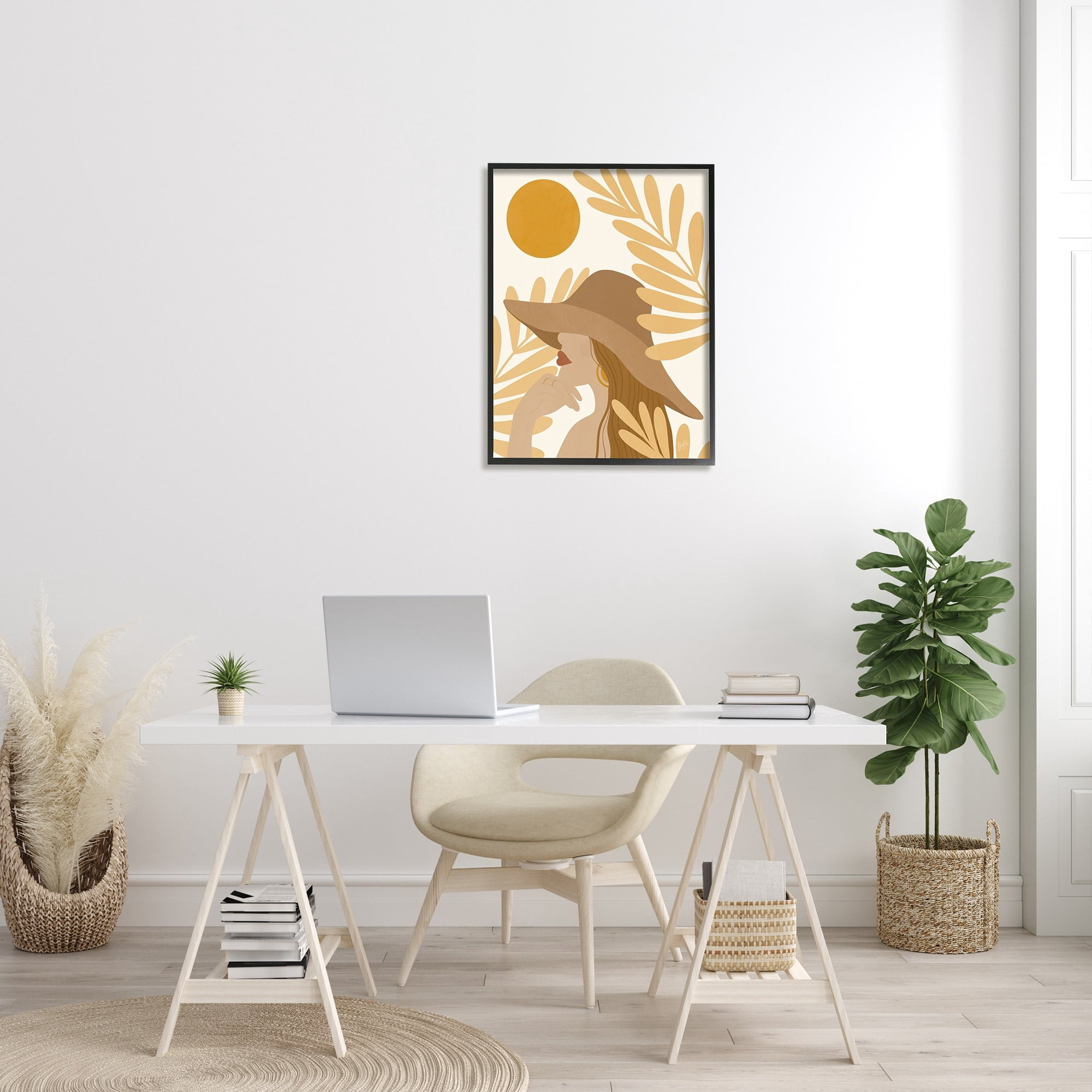 Stupell Industries Woman in Hat Warm Yellow Cutout Leaf Shapes Graphic Art Black Framed Art Print Wall Art, Design by Birch&Ink