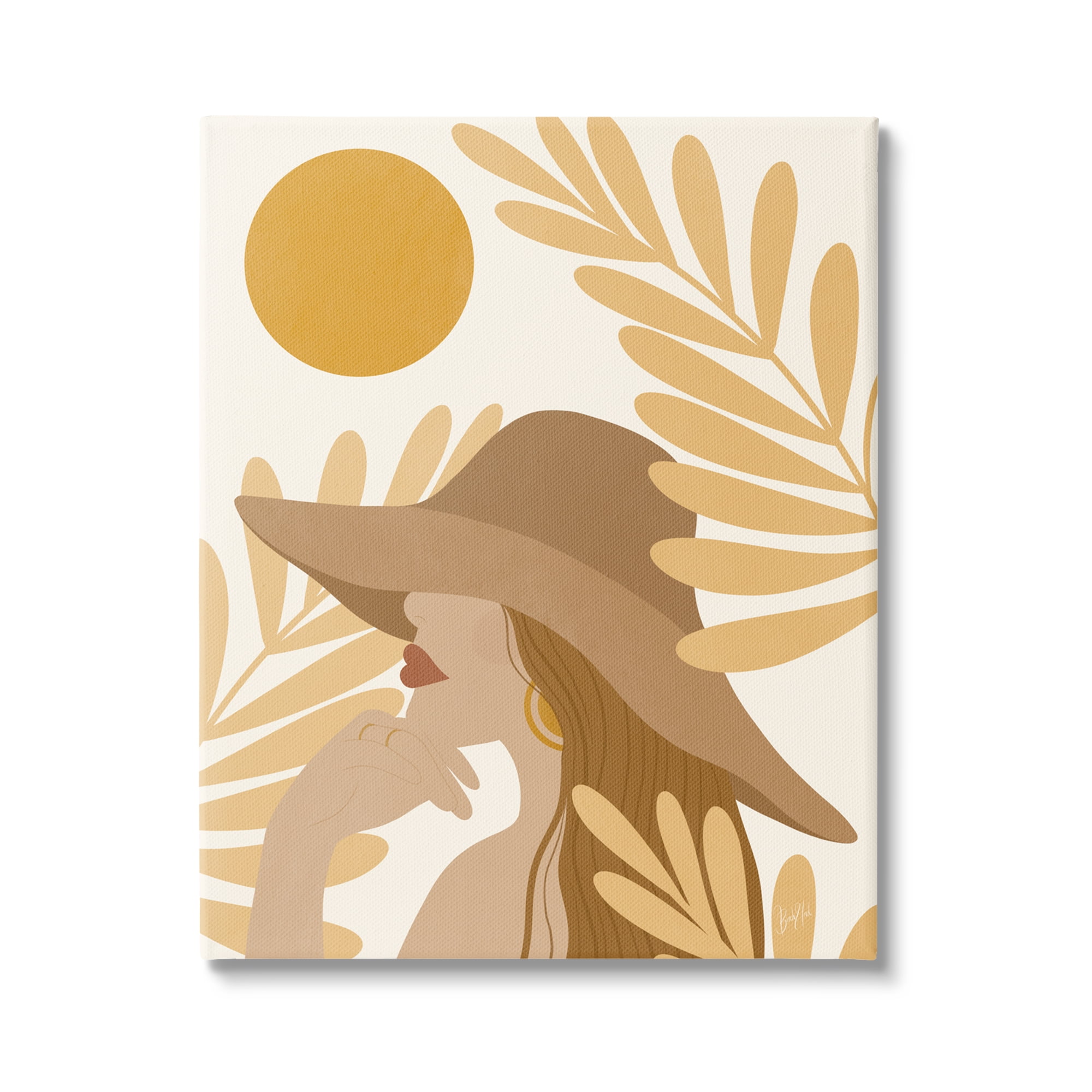 Stupell Industries Woman in Hat Warm Yellow Cutout Leaf Shapes Graphic Art Gallery Wrapped Canvas Print Wall Art, Design by Birch&Ink