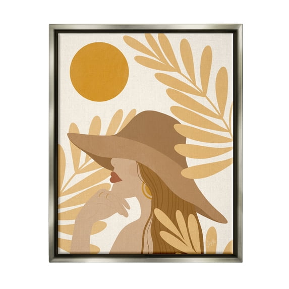 Stupell Industries Woman in Hat Warm Yellow Cutout Leaf Shapes Graphic Art Luster Gray Floating Framed Canvas Print Wall Art, Design by Birch&Ink
