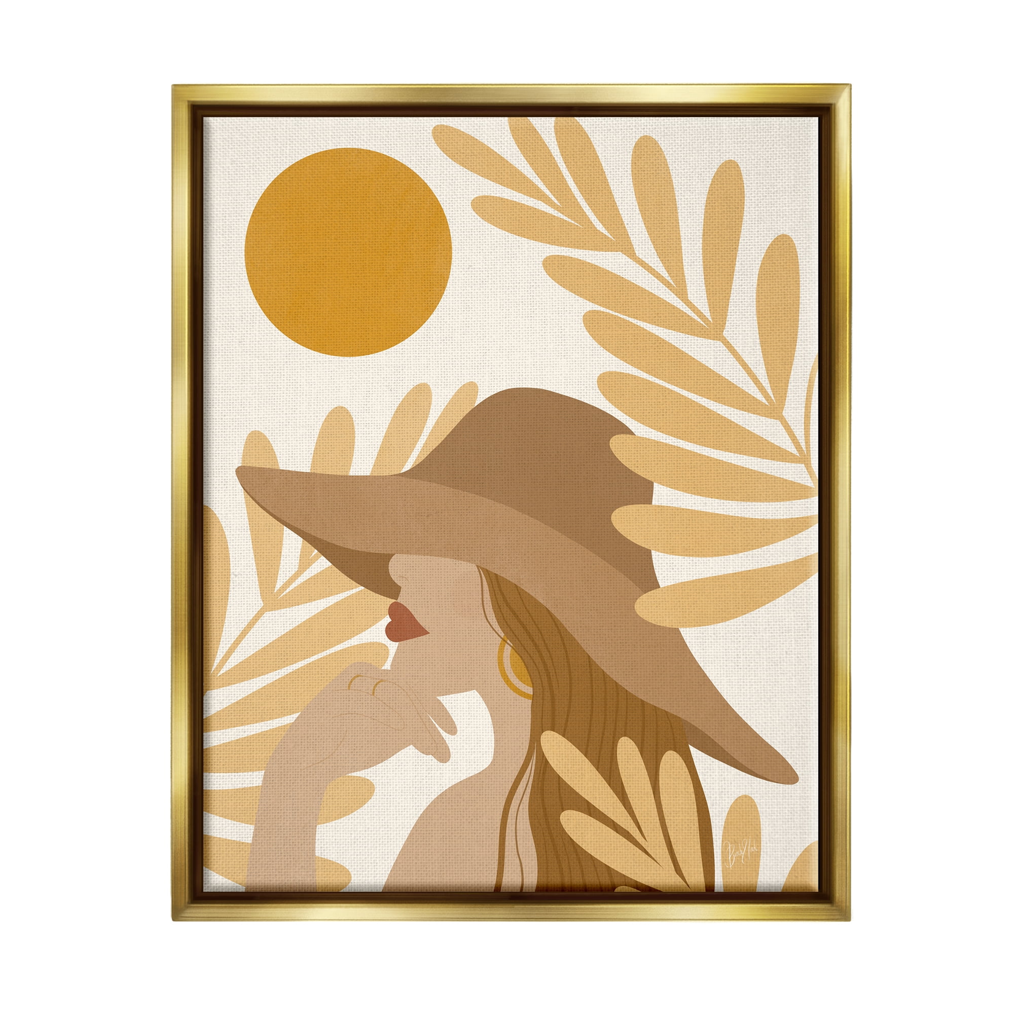 Stupell Industries Woman in Hat Warm Yellow Cutout Leaf Shapes Graphic Art Metallic Gold Floating Framed Canvas Print Wall Art, Design by Birch&Ink