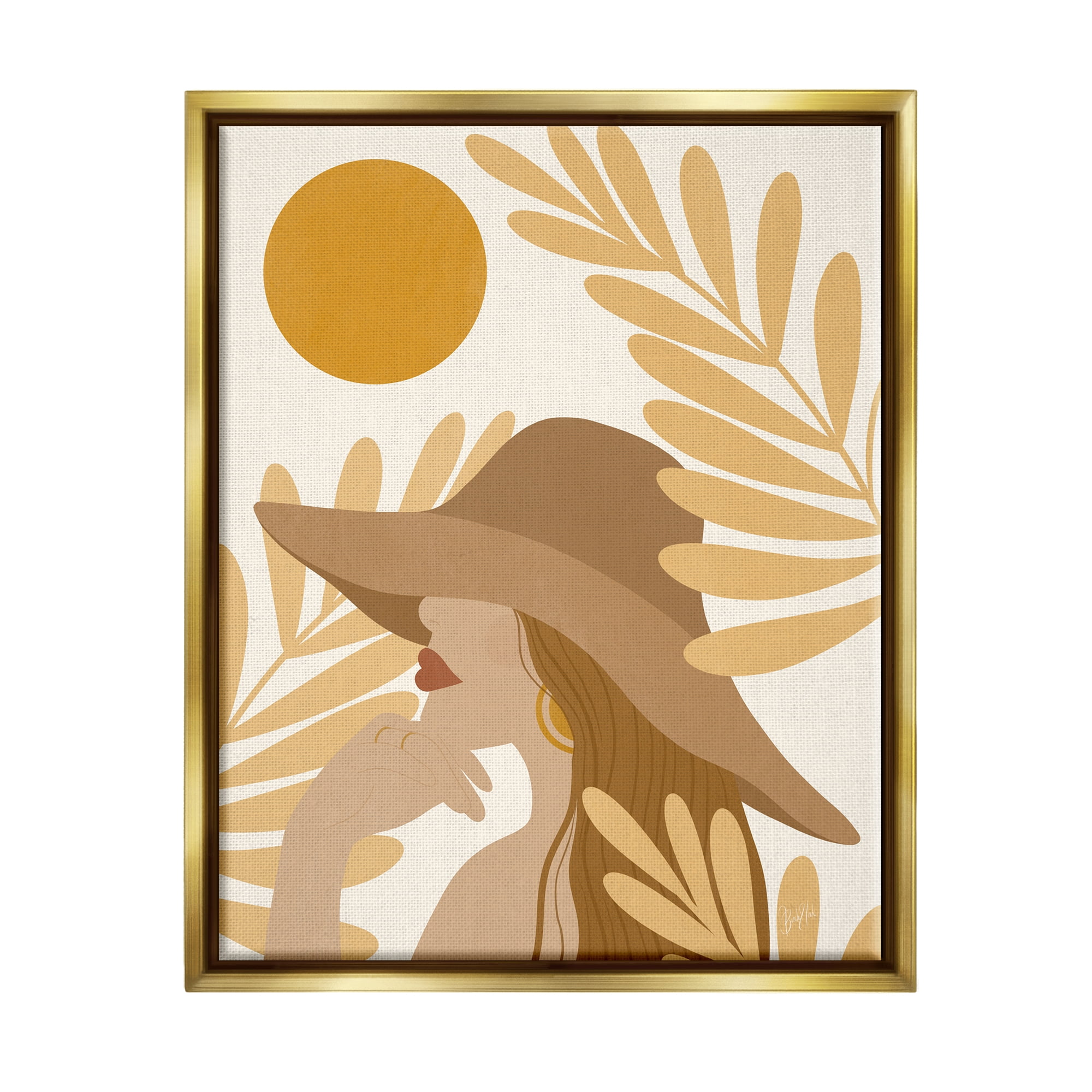 Stupell Industries Woman in Hat Warm Yellow Cutout Leaf Shapes Graphic Art Metallic Gold Floating Framed Canvas Print Wall Art, Design by Birch&Ink