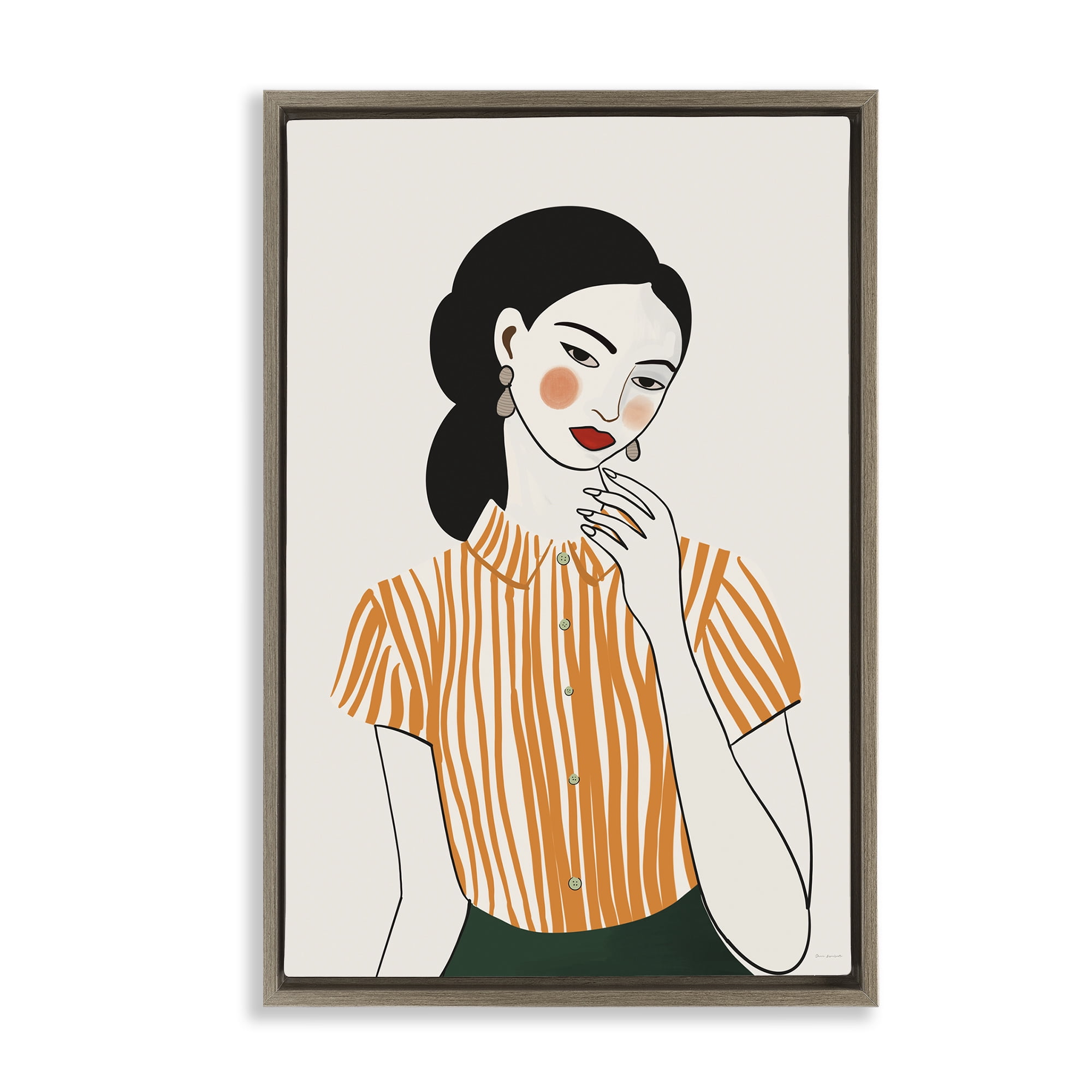 Stupell Industries Woman in Orange Blouse Brown Framed Floater Canvas Wall Art, design by Omar Escalante
