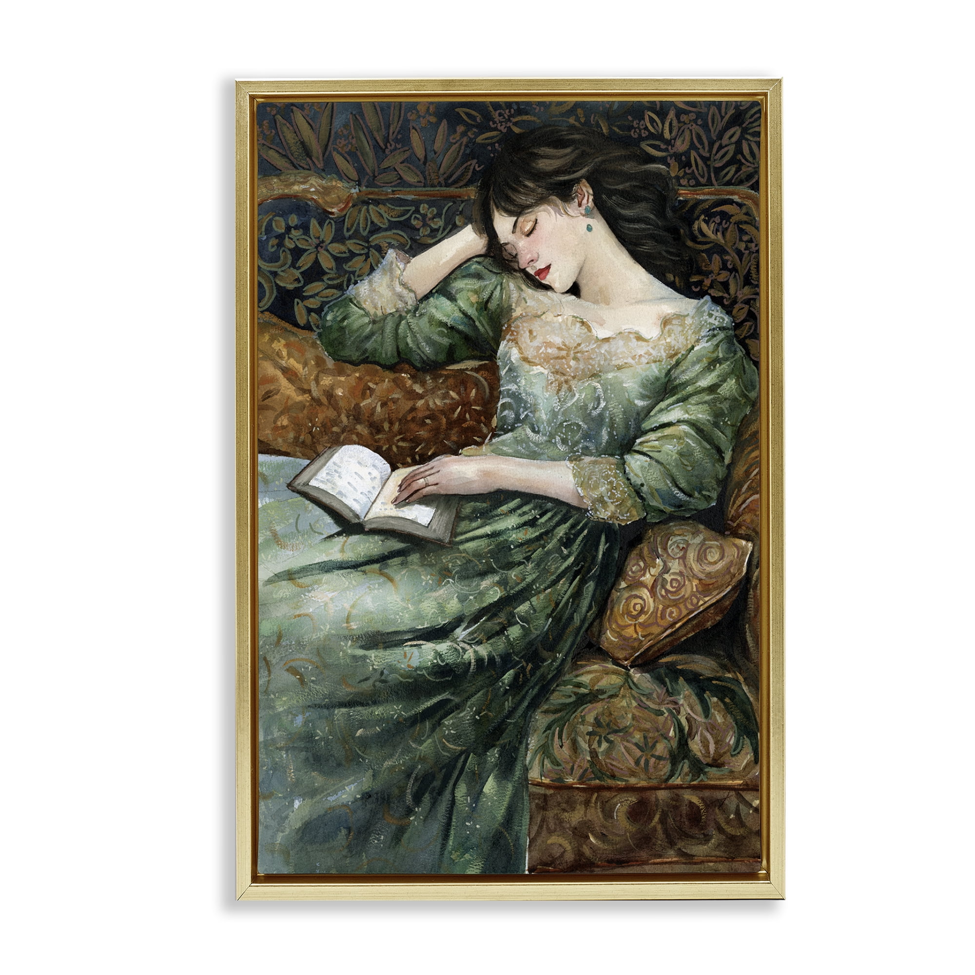 Stupell Industries Woman in Ornate Gown People Painting Gold Floater Framed Canvas Art Print Wall Art, 17 x 25