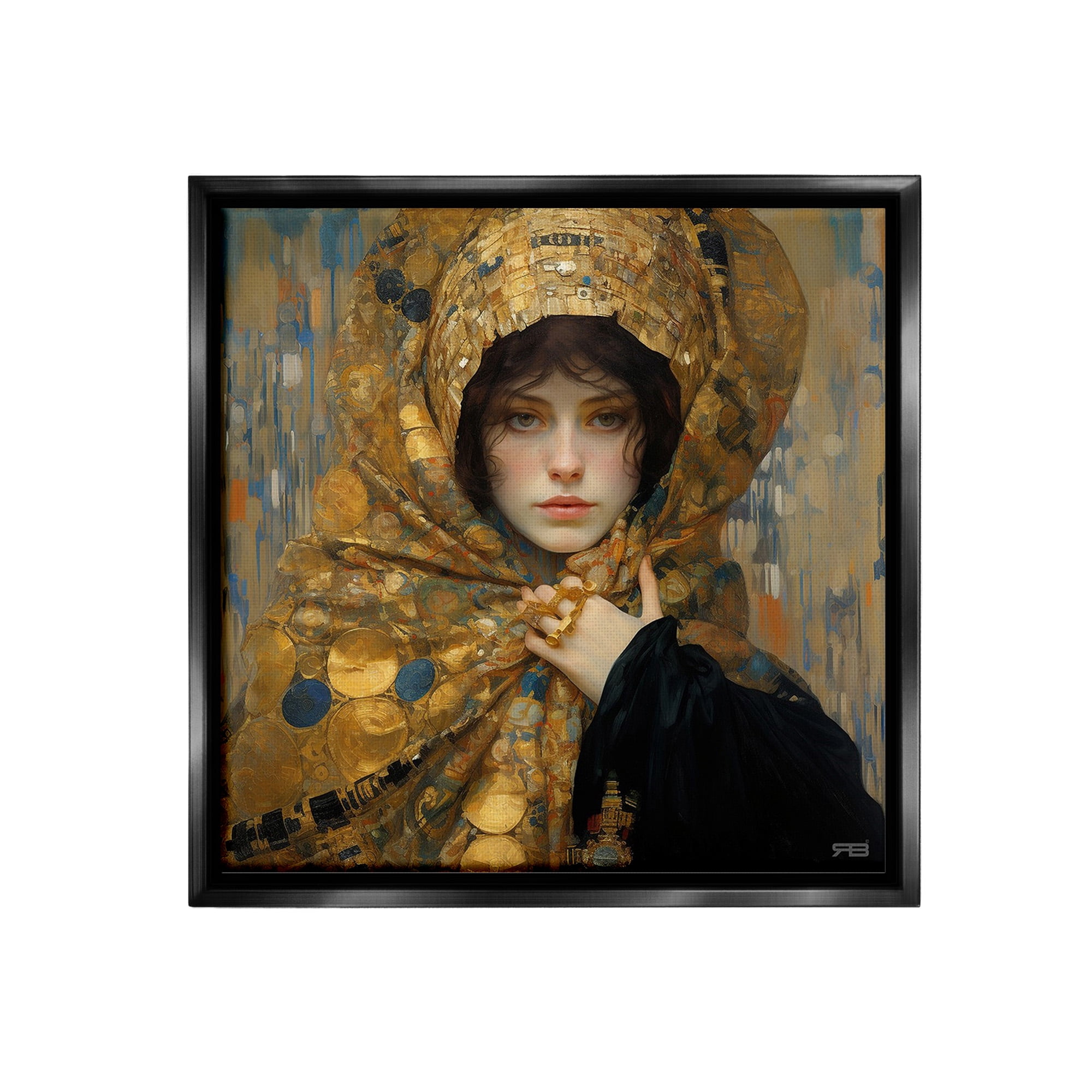 Stupell Industries Woman in Patterned Gold Abstract Painting Black Floater Framed Canvas Art Print Wall Art, 18 x 18