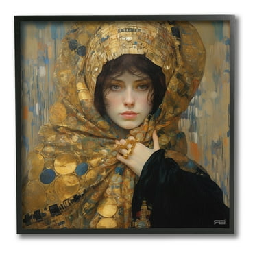 Stupell Industries Woman in Patterned Gold Abstract Painting Black Framed Art Print Wall Art, 12 x 12