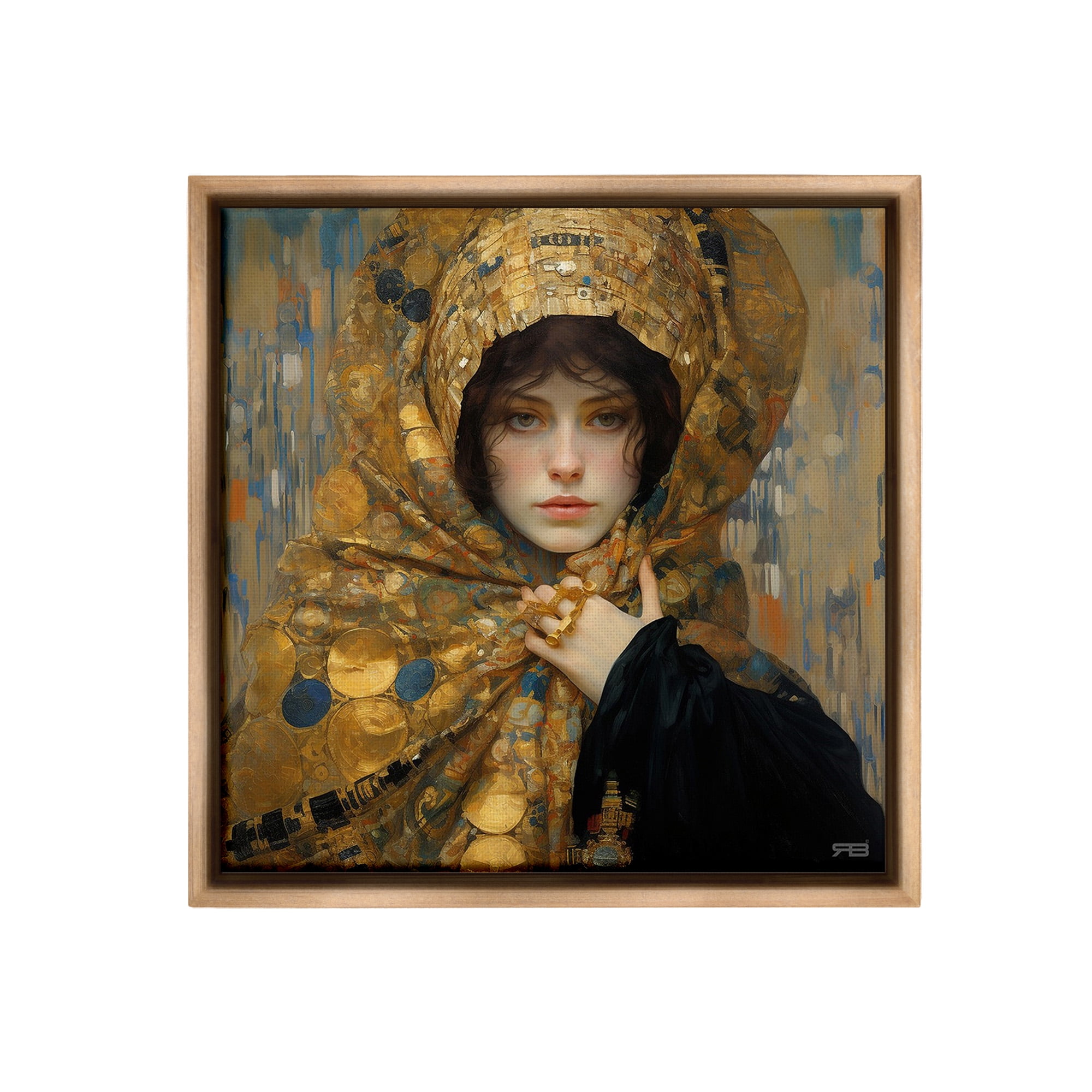 Stupell Industries Woman in Patterned Gold Abstract Painting Brown Floater Framed Canvas Art Print Wall Art, 25 x 25