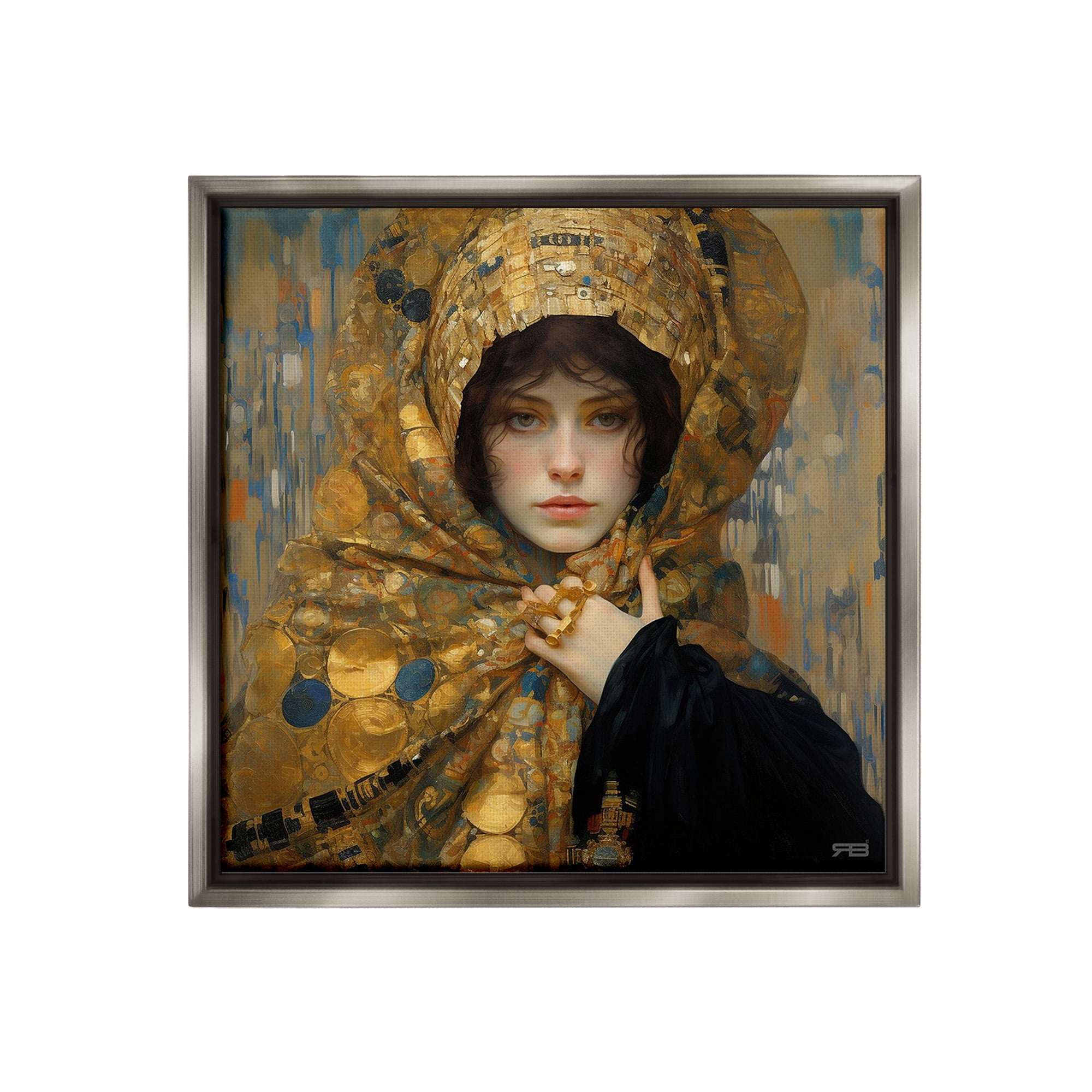Stupell Industries Woman in Patterned Gold Abstract Painting Gray Floater Framed Canvas Art Print Wall Art, 18 x 18