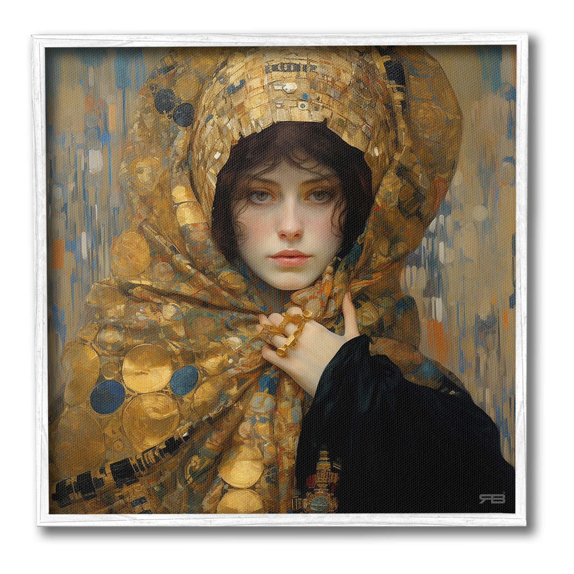 Stupell Industries Woman in Patterned Gold Abstract Painting White Framed Art Print Wall Art, 17 x 17