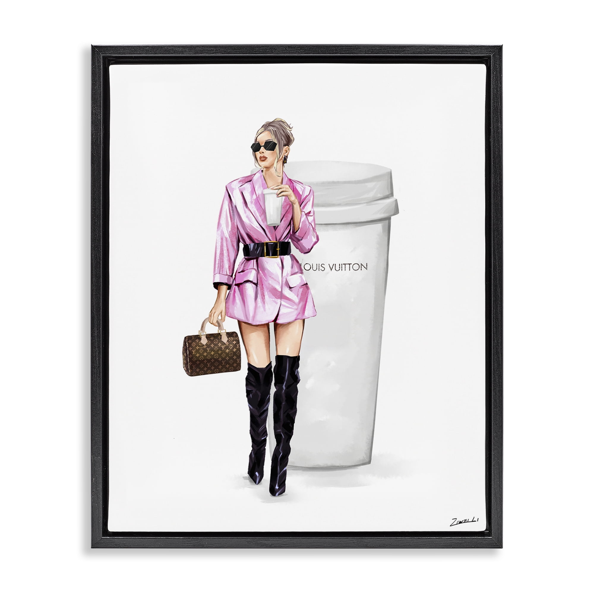 Stupell Industries Woman in Pink with Coffee People Painting Black Floater Framed Canvas Art Print Wall Art, 25 x 31