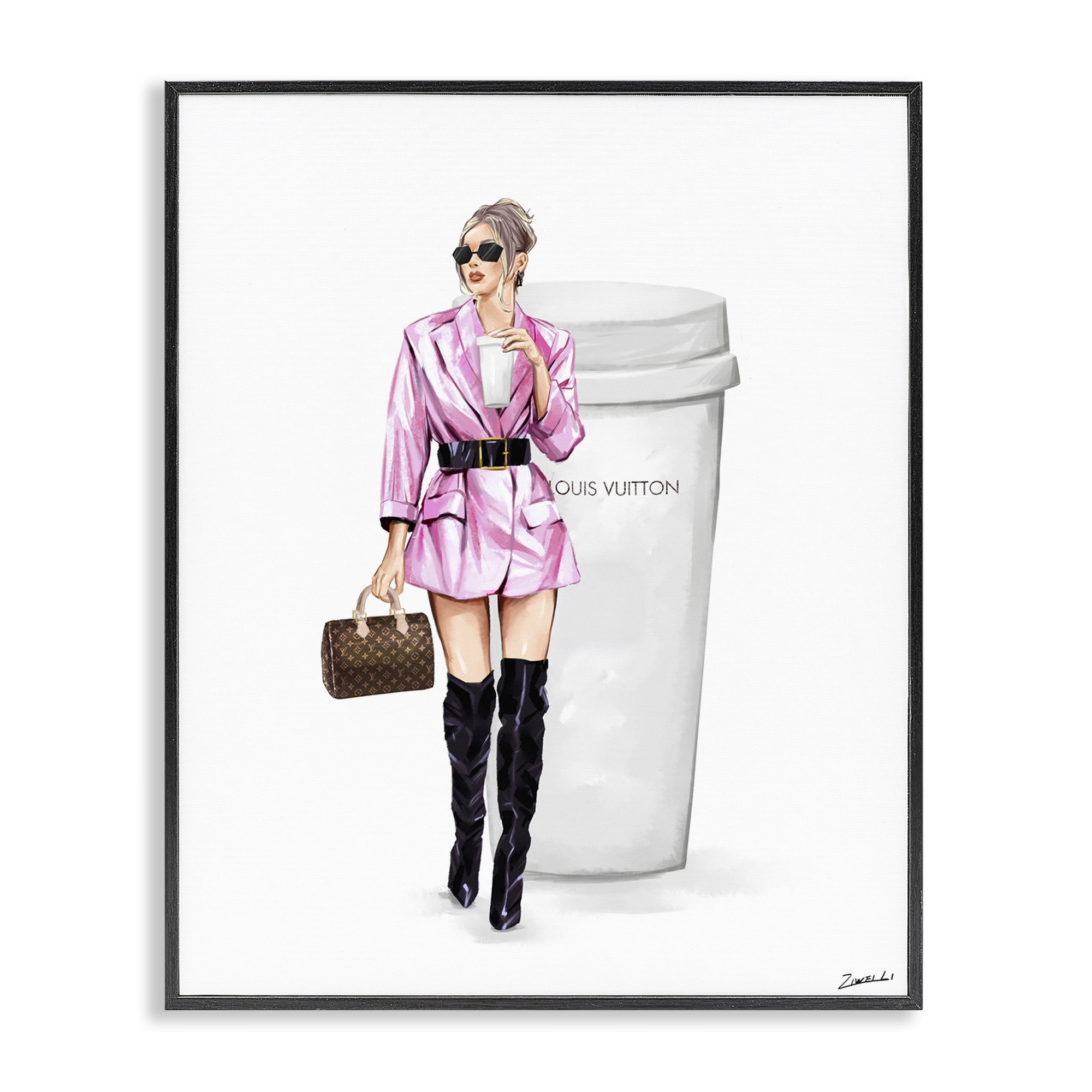 Stupell Industries Woman in Pink with Coffee People Painting Black Framed Art Print Wall Art, 11 x 14