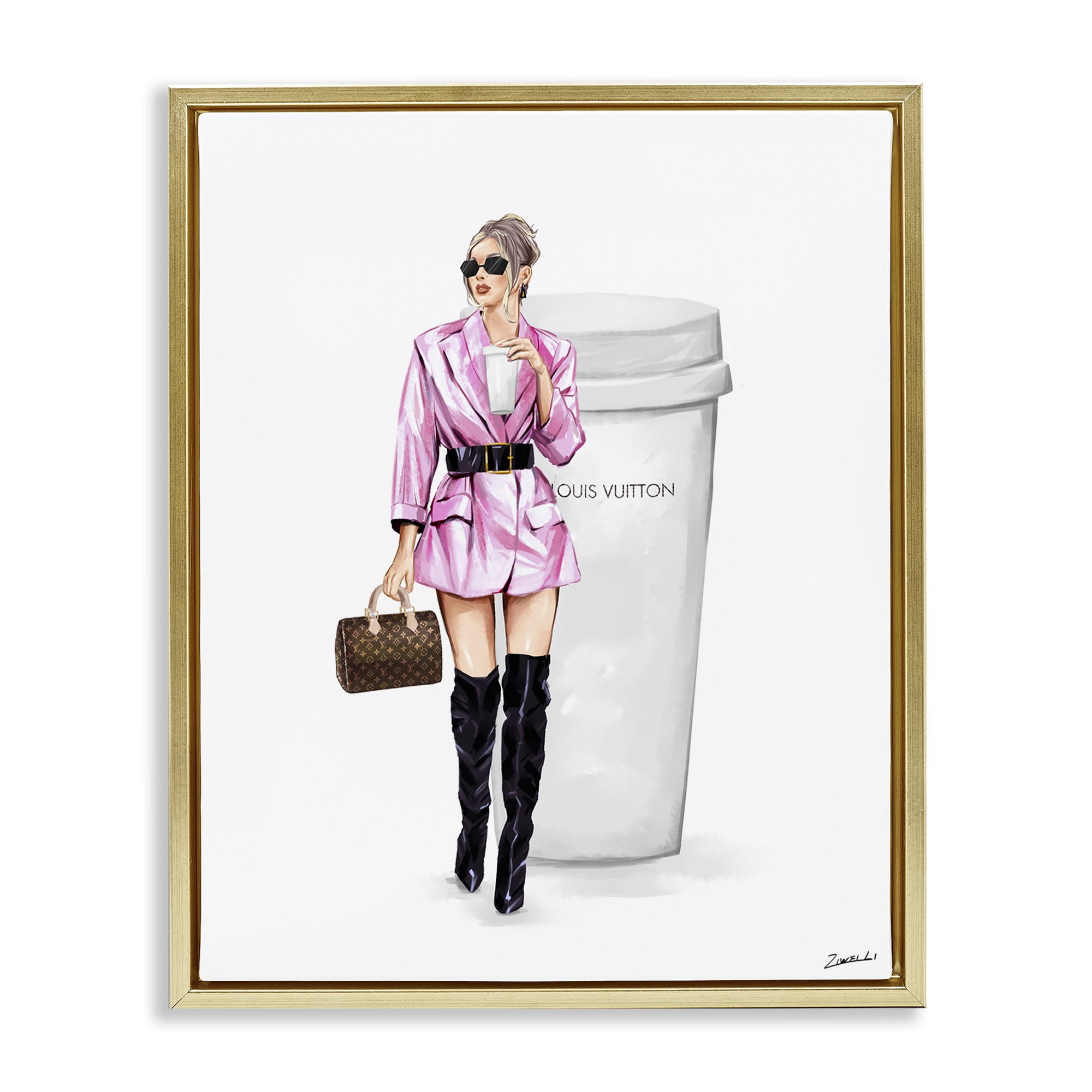 Stupell Industries Woman in Pink with Coffee People Painting Gold Floater Framed Canvas Art Print Wall Art, 17 x 21