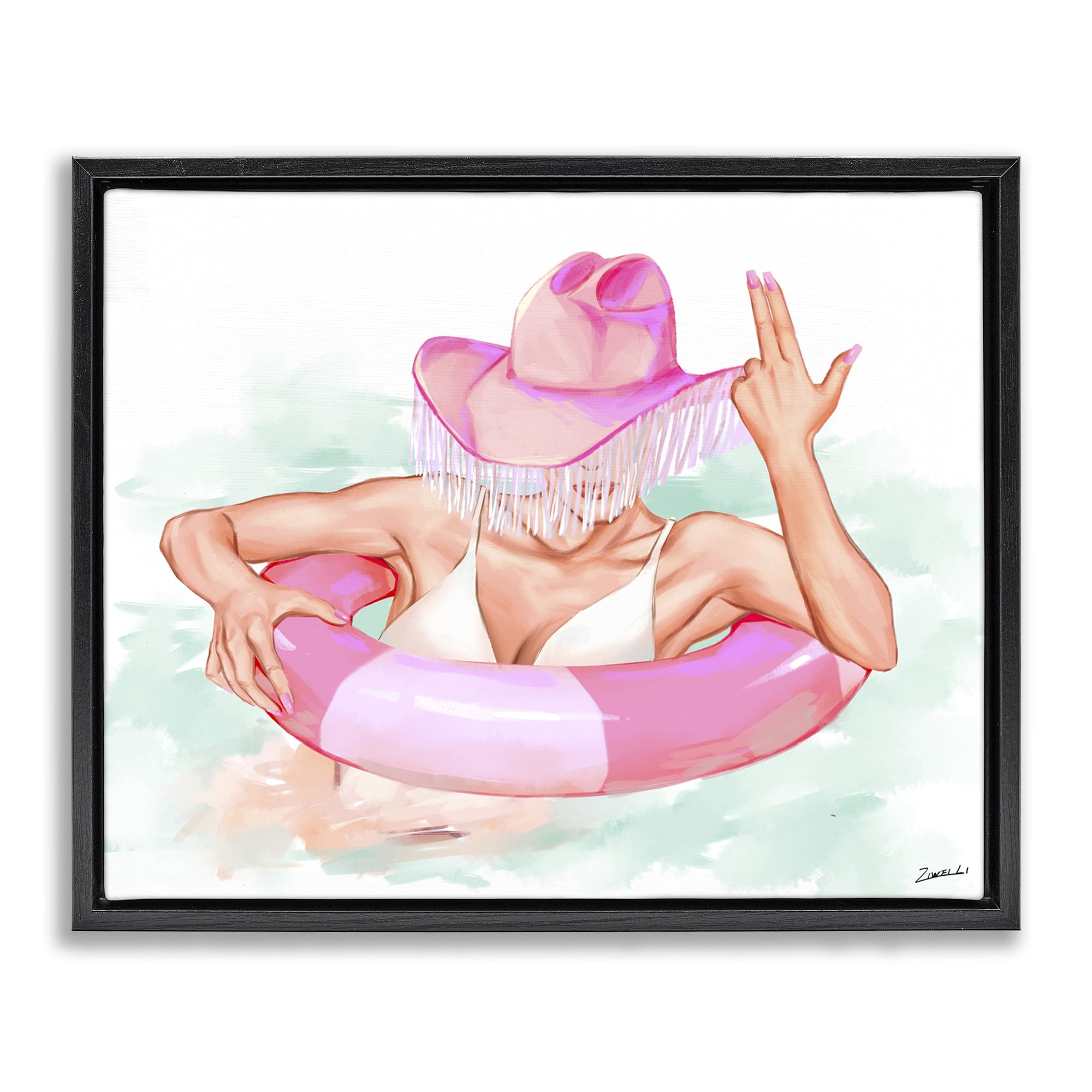 Stupell Industries Woman in Pool Float People Painting Black Floater Framed Canvas Art Print Wall Art, 31 x 25