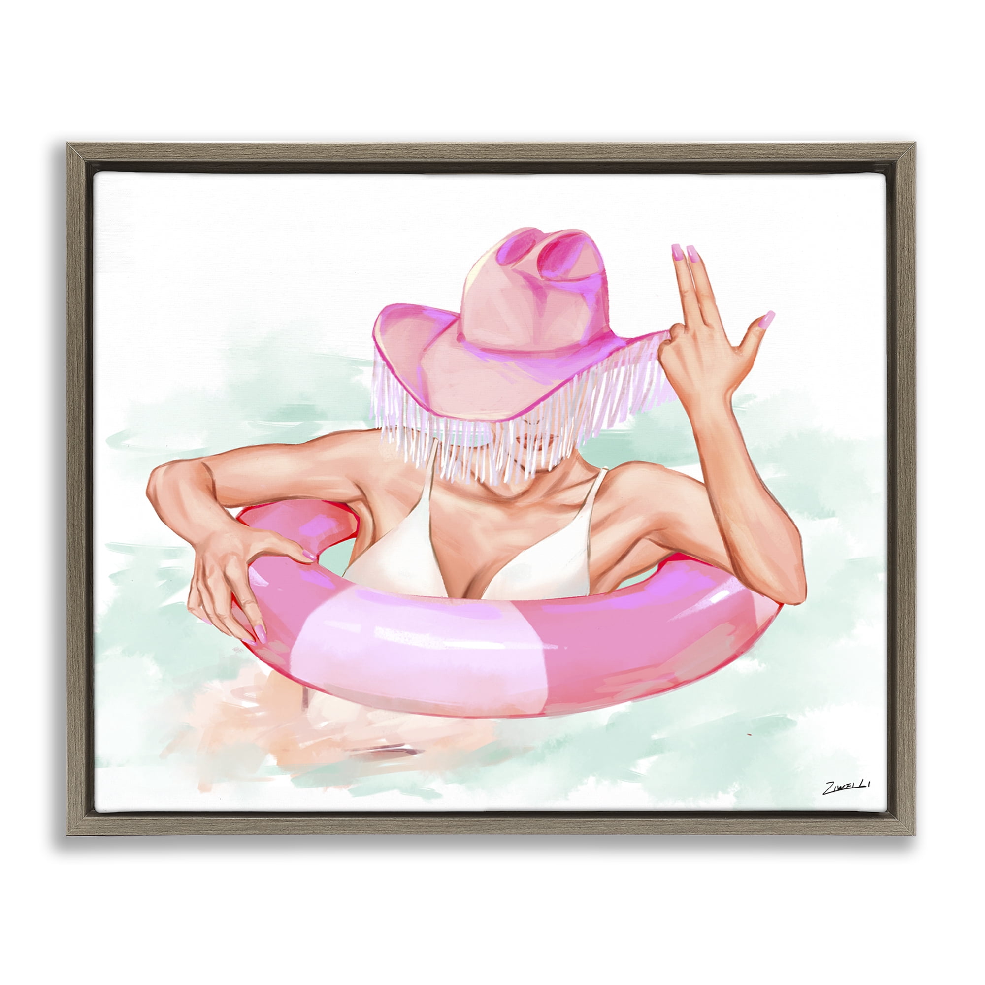 Stupell Industries Woman in Pool Float People Painting Brown Floater Framed Canvas Art Print Wall Art, 31 x 25
