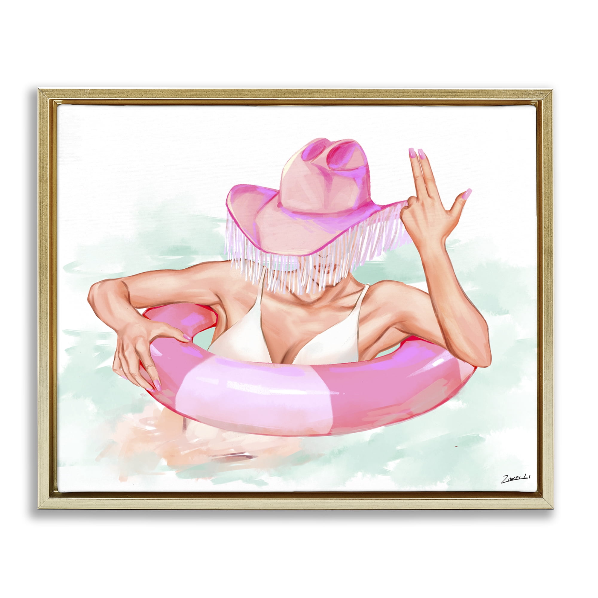 Stupell Industries Woman in Pool Float People Painting Gold Floater Framed Canvas Art Print Wall Art, 21 x 17