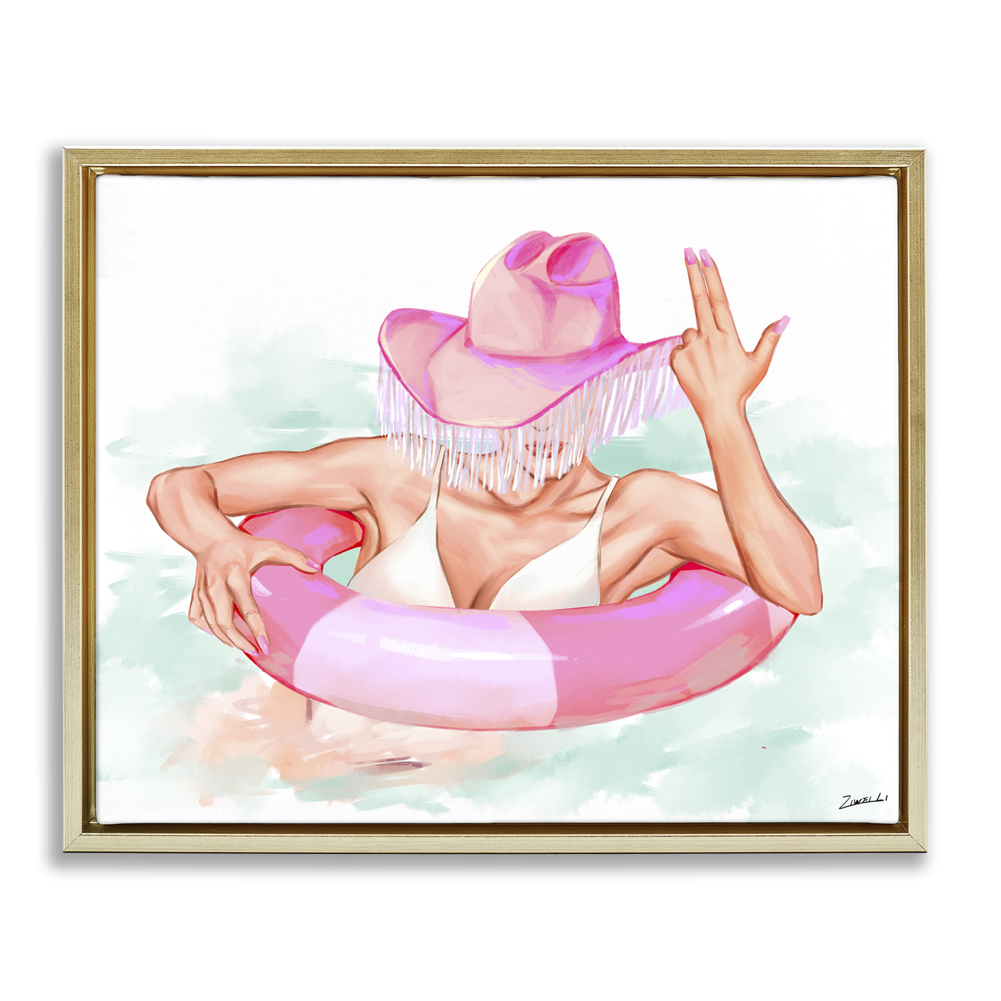 Stupell Industries Woman in Pool Float People Painting Gold Floater Framed Canvas Art Print Wall Art, 31 x 25