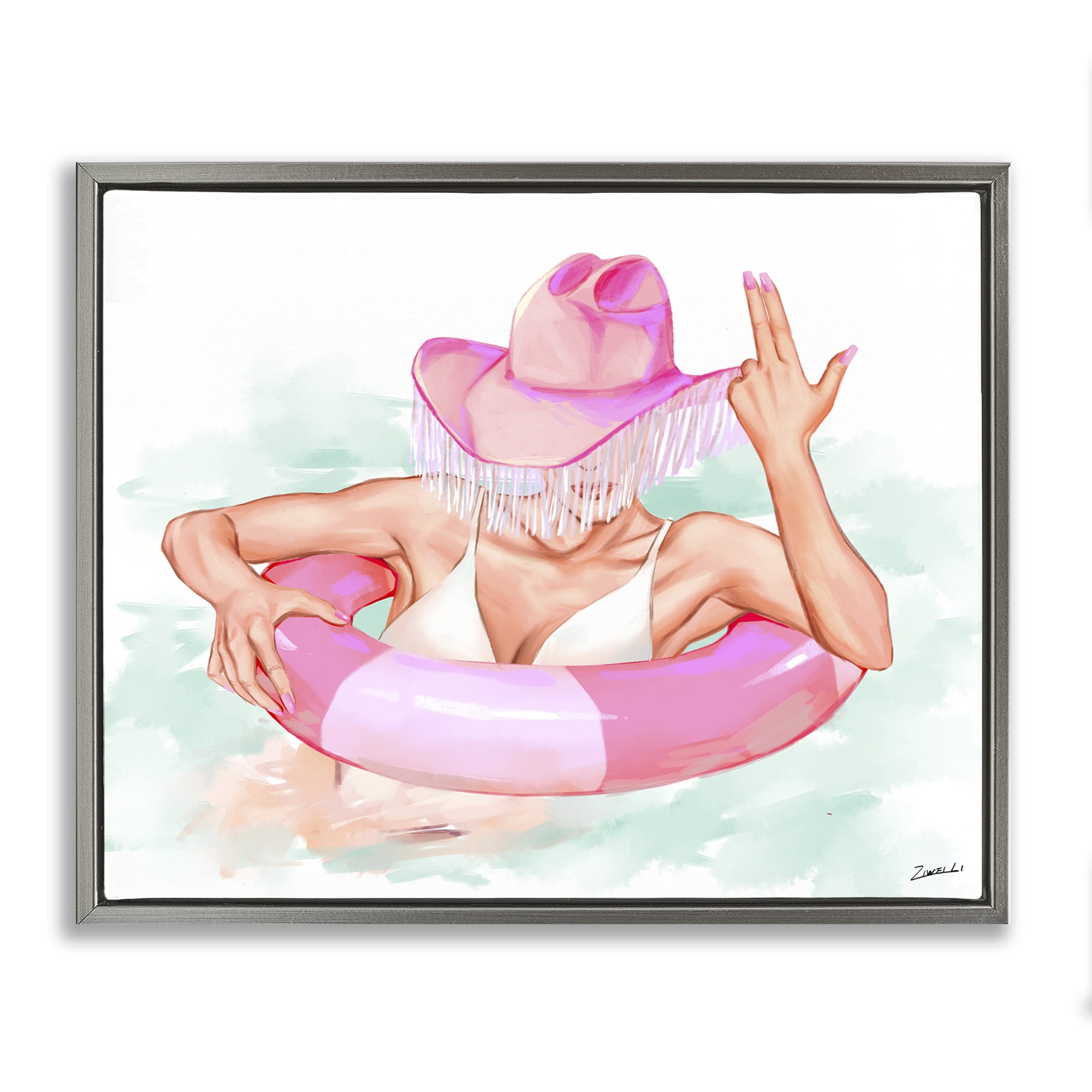 Stupell Industries Woman in Pool Float People Painting Gray Floater Framed Canvas Art Print Wall Art, 31 x 25