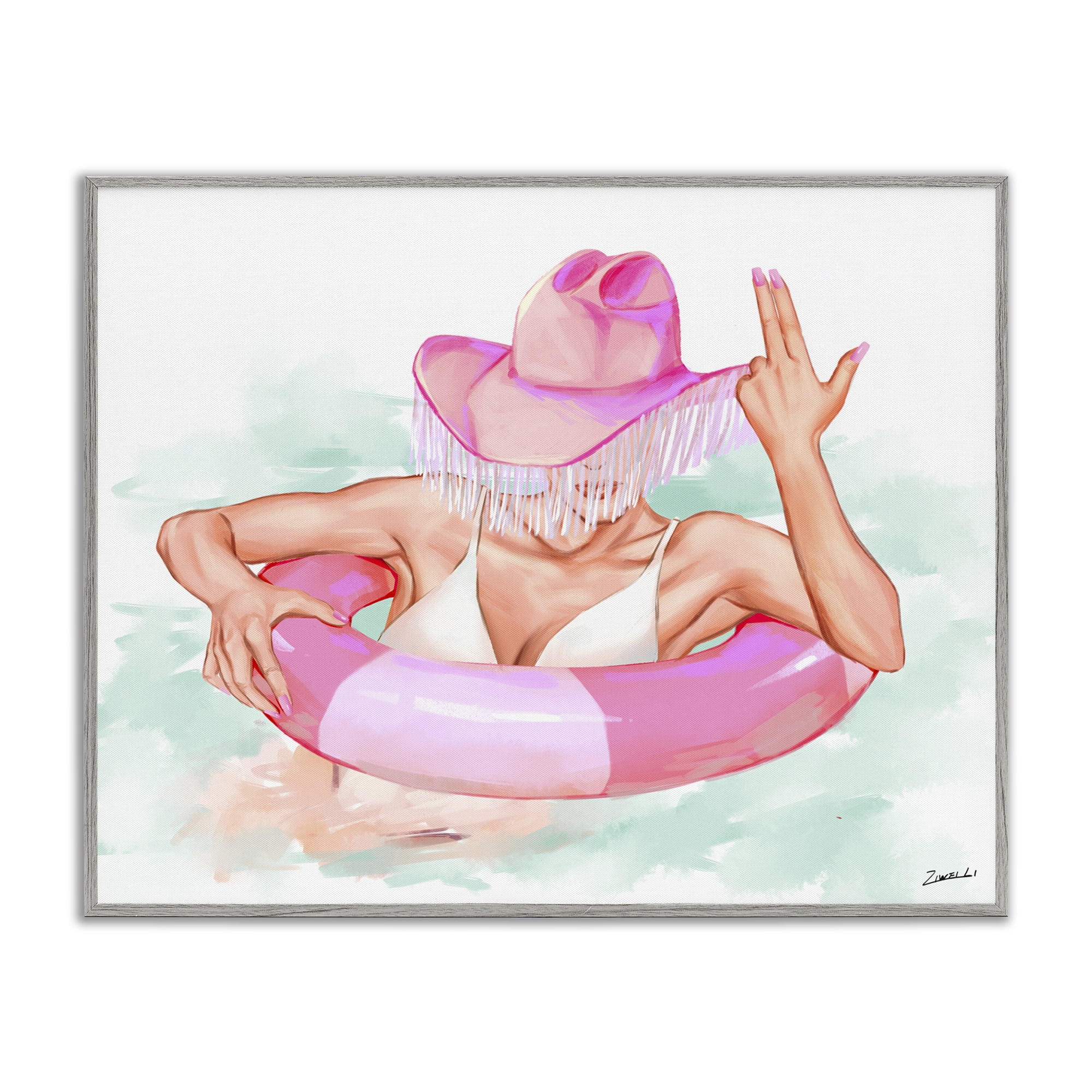 Stupell Industries Woman in Pool Float People Painting Gray Framed Art Print Wall Art, 20 x 16