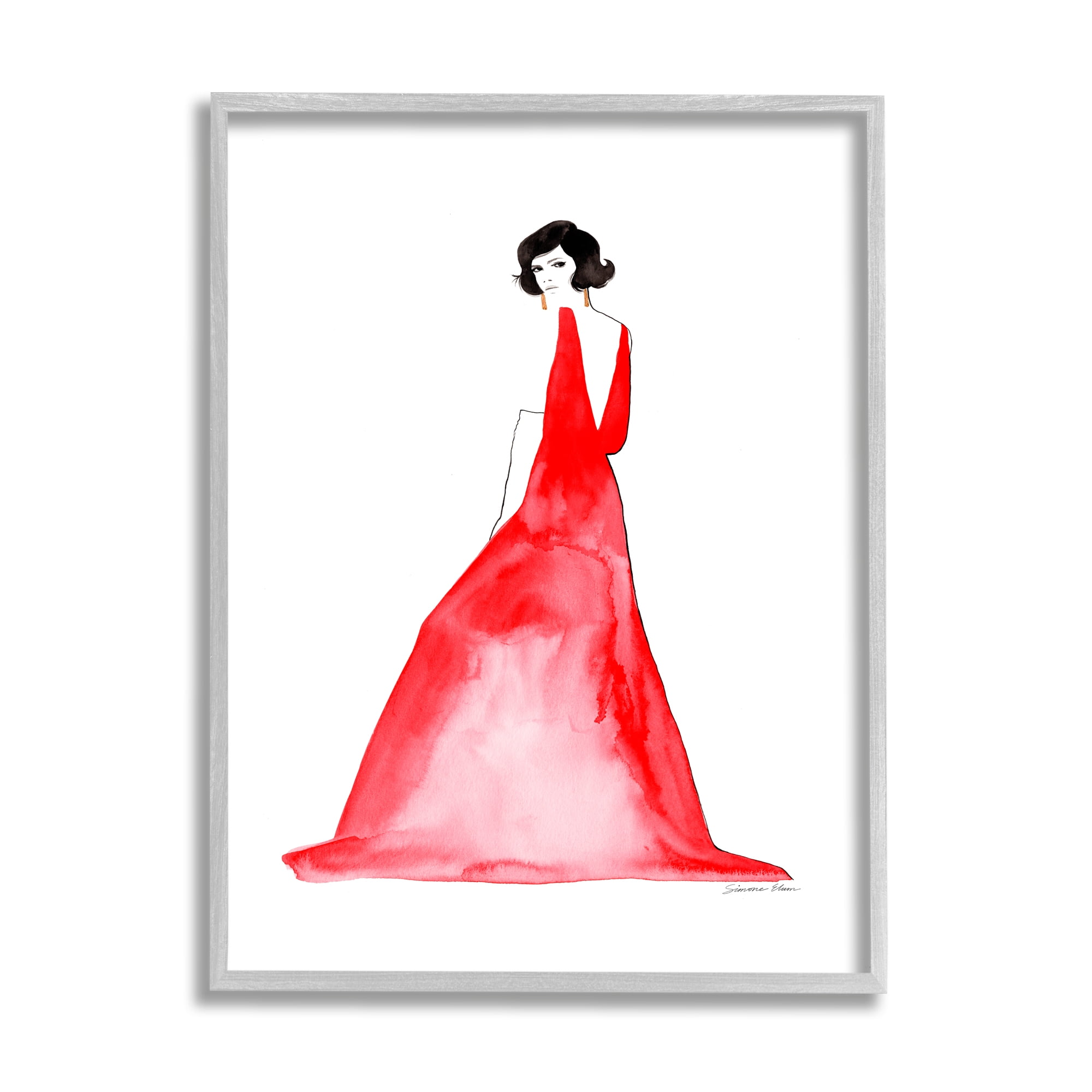 Stupell Industries Woman in Red Gown Beauty & Fashion Painting Gray Framed Art Print Wall Art, 16 x 20