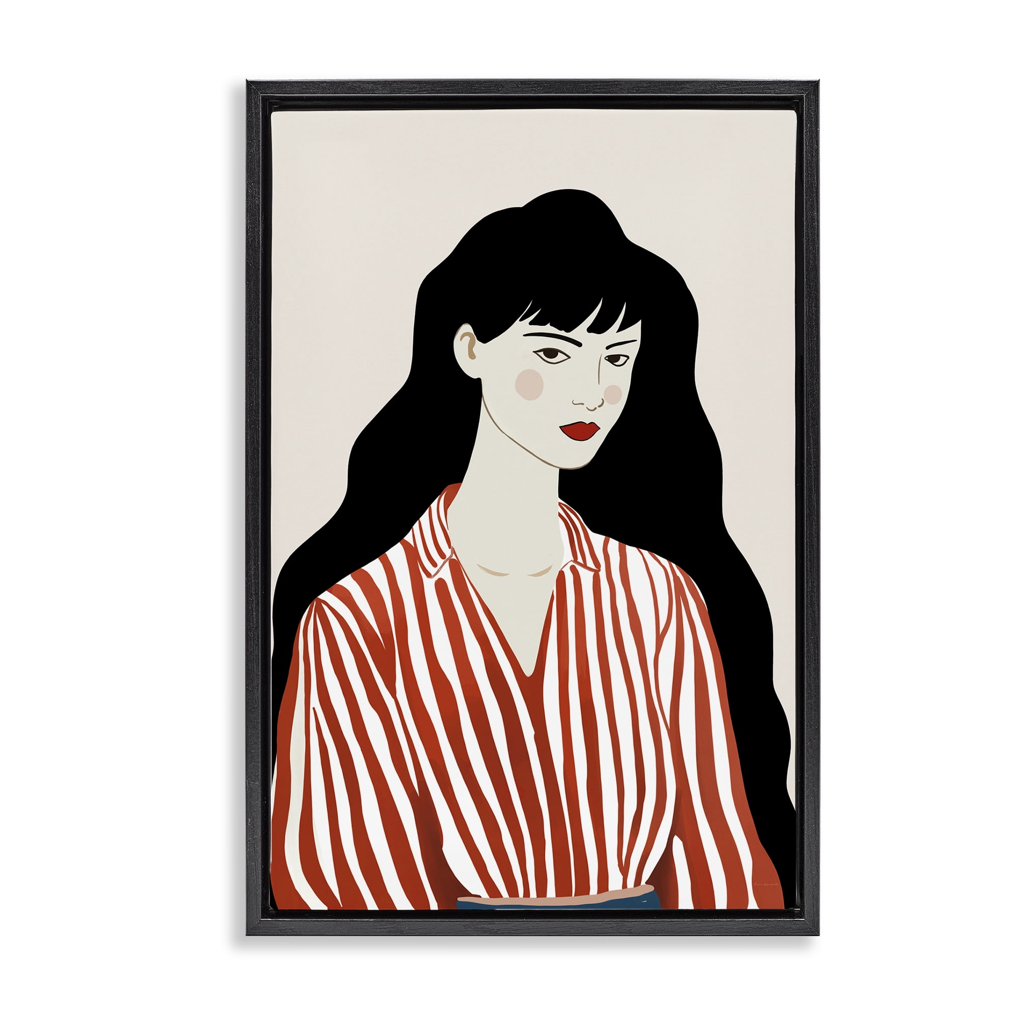 Stupell Industries Woman in Striped Blouse Black Framed Floater Canvas Wall Art, design by Omar Escalante