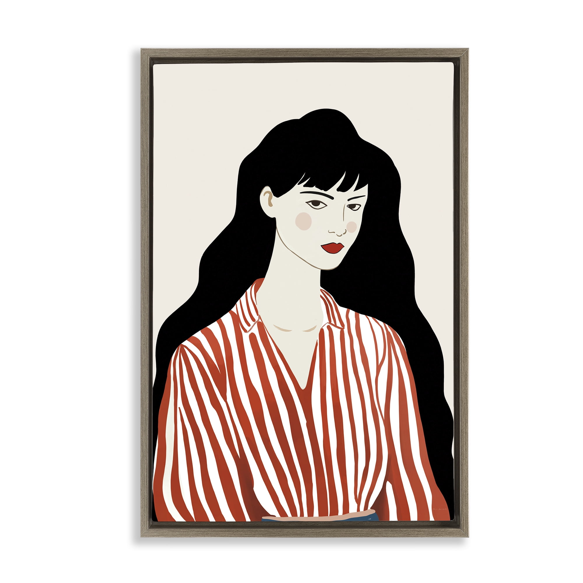 Stupell Industries Woman in Striped Blouse Brown Framed Floater Canvas Wall Art, design by Omar Escalante