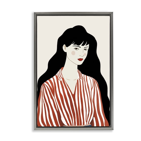 Stupell Industries Modern Woman in Striped Blouse Gray Floating Frame Canvas Art, 21 x 31, by Omar Escalante