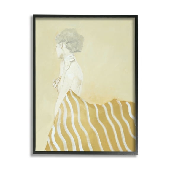 Stupell Industries Woman in Stripes Painting Beauty & Fashion Painting Black Framed Art Print Wall Art, 24 x 30