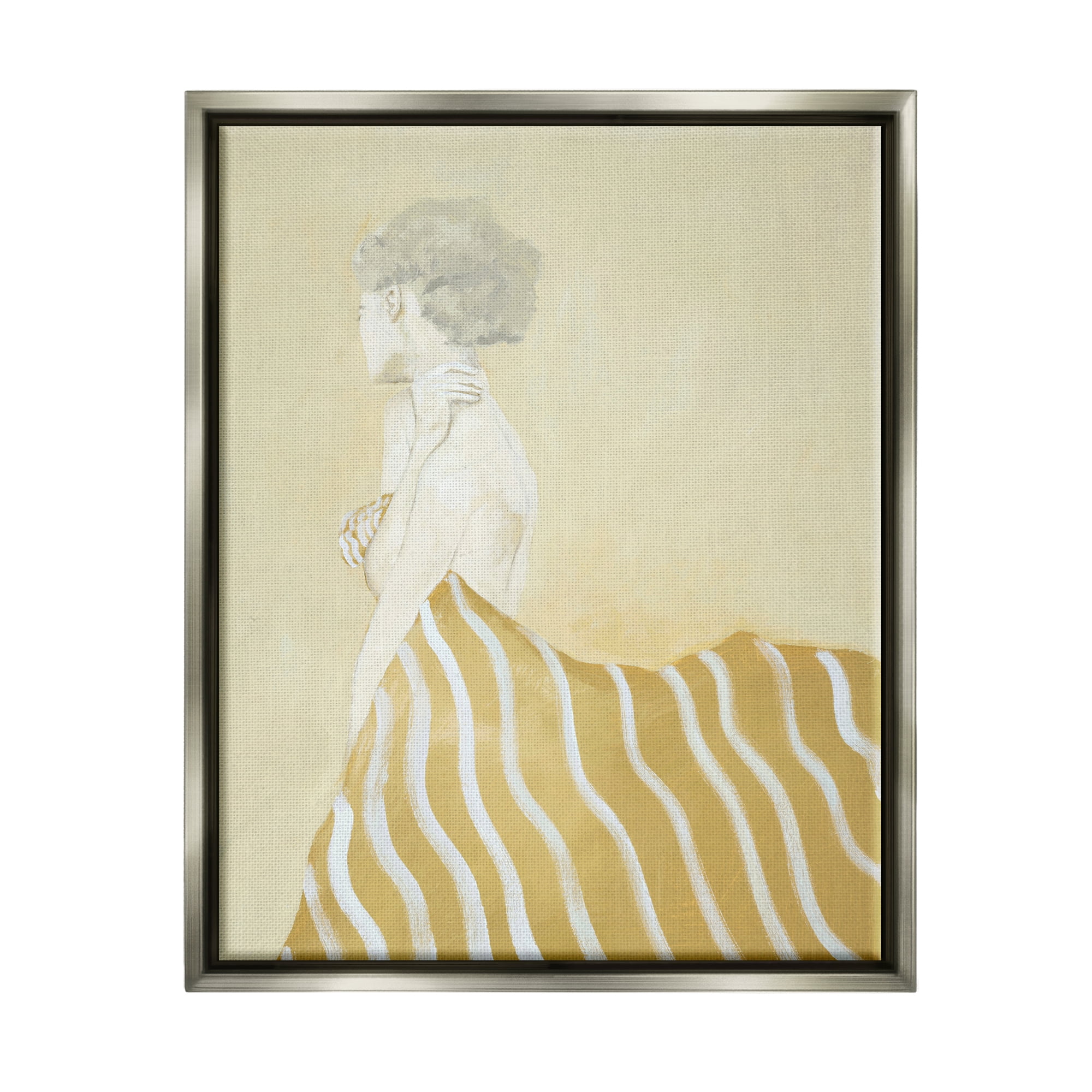 Stupell Industries Woman in Stripes Painting Beauty & Fashion Painting Gray Floater Framed Art Print Wall Art, 25 x 31