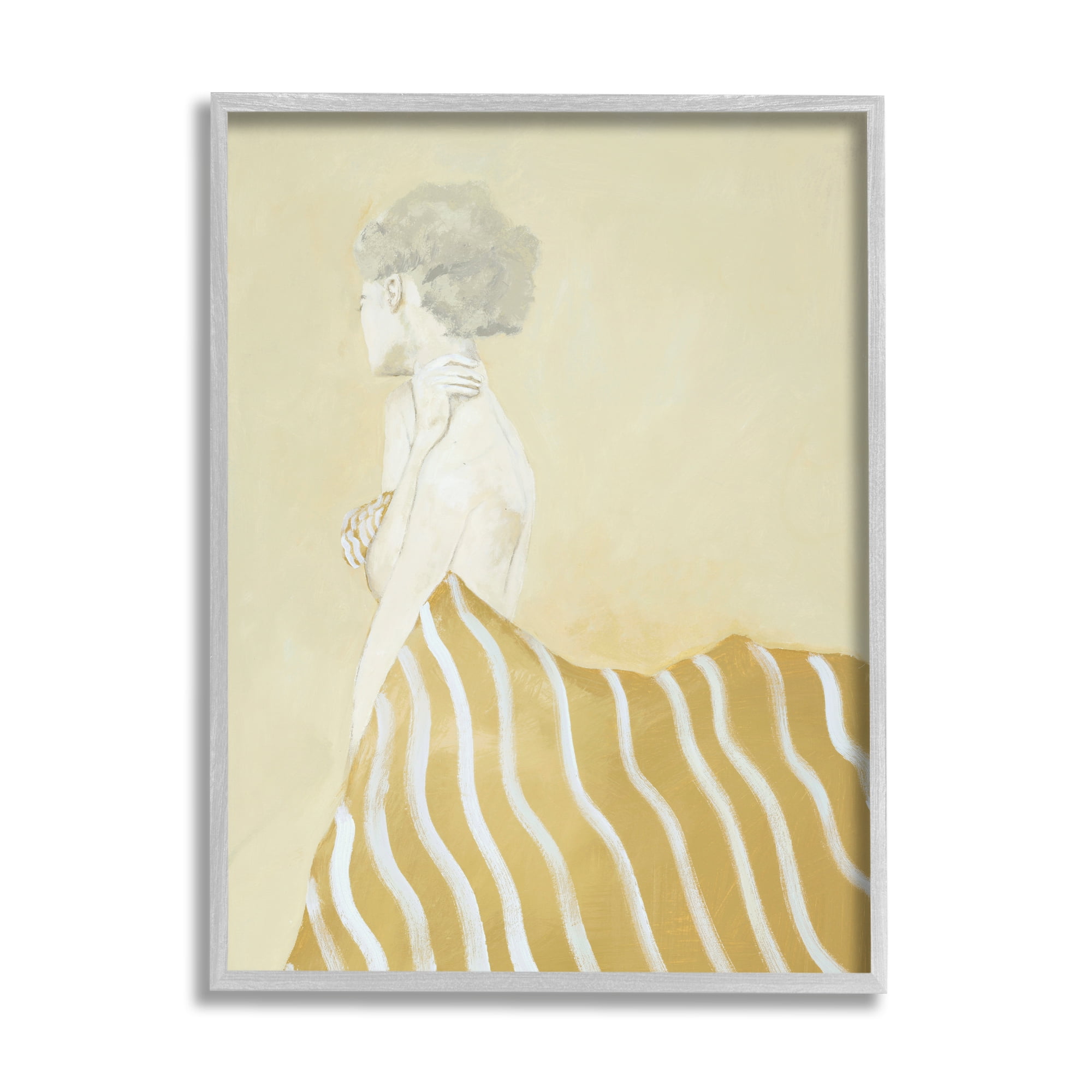 Stupell Industries Woman in Stripes Painting Beauty & Fashion Painting Gray Framed Art Print Wall Art, 11 x 14