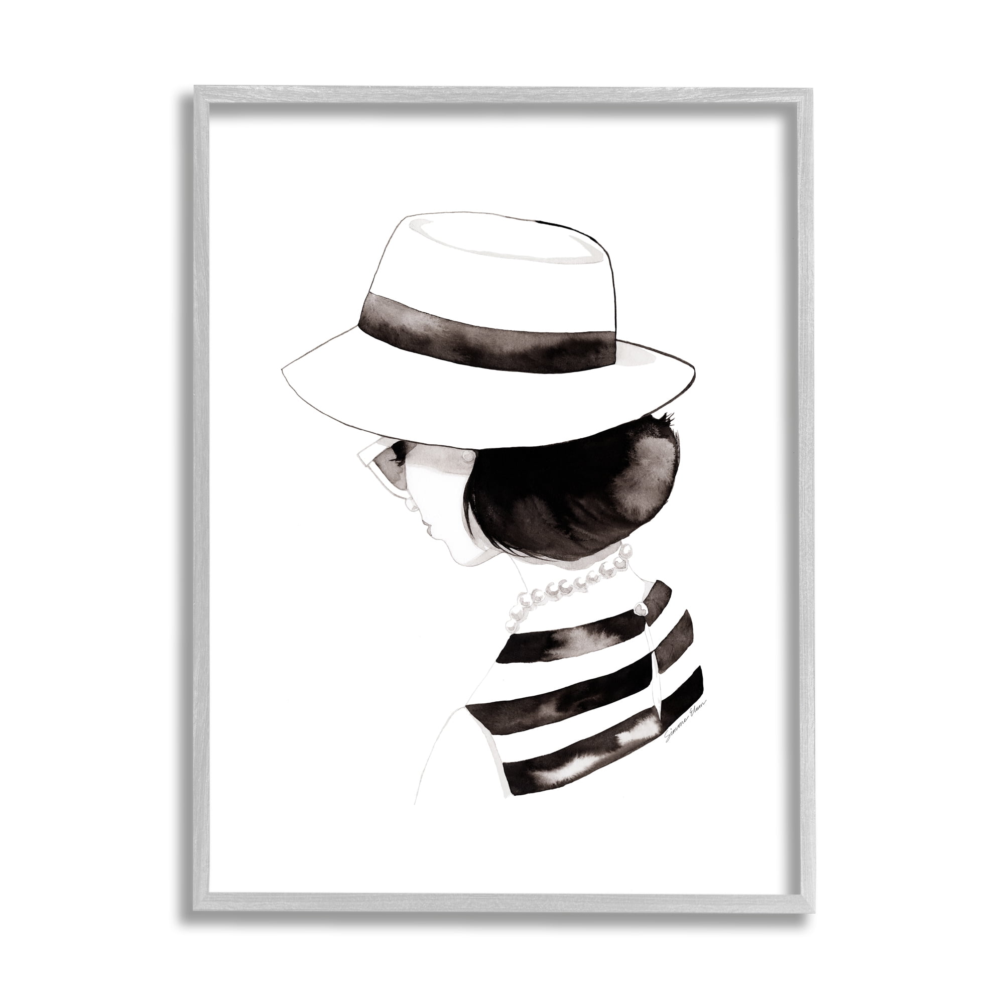 Stupell Industries Woman in Sun Hat Beauty & Fashion Painting Gray Framed Art Print Wall Art, 24 x 30