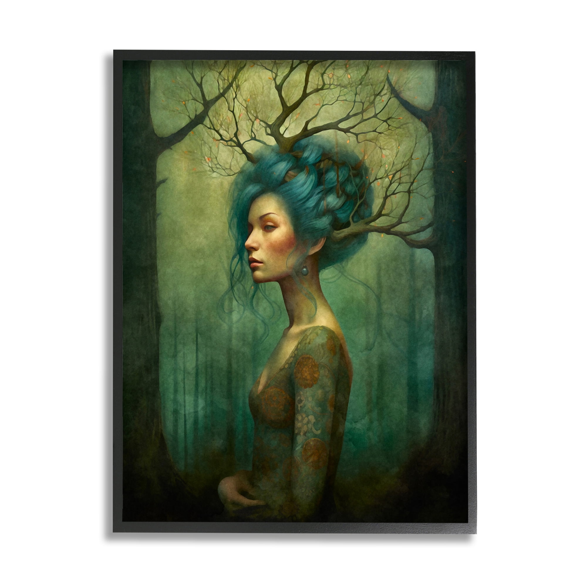 Stupell Industries Woman in Woodland Scene Fairy Tales & Fantasy Painting Black Framed Art Print Wall Art, 11 x 14