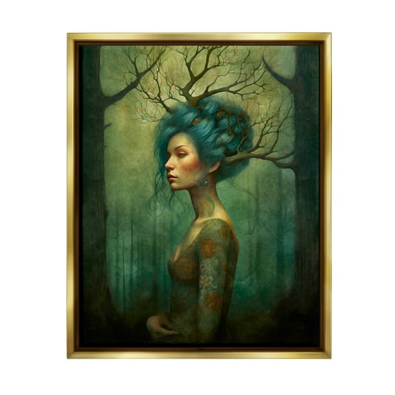 Stupell Industries Woman in Woodland Scene Fairy Tales & Fantasy Painting Gold Floater Framed Art Print Wall Art, 17 x 21