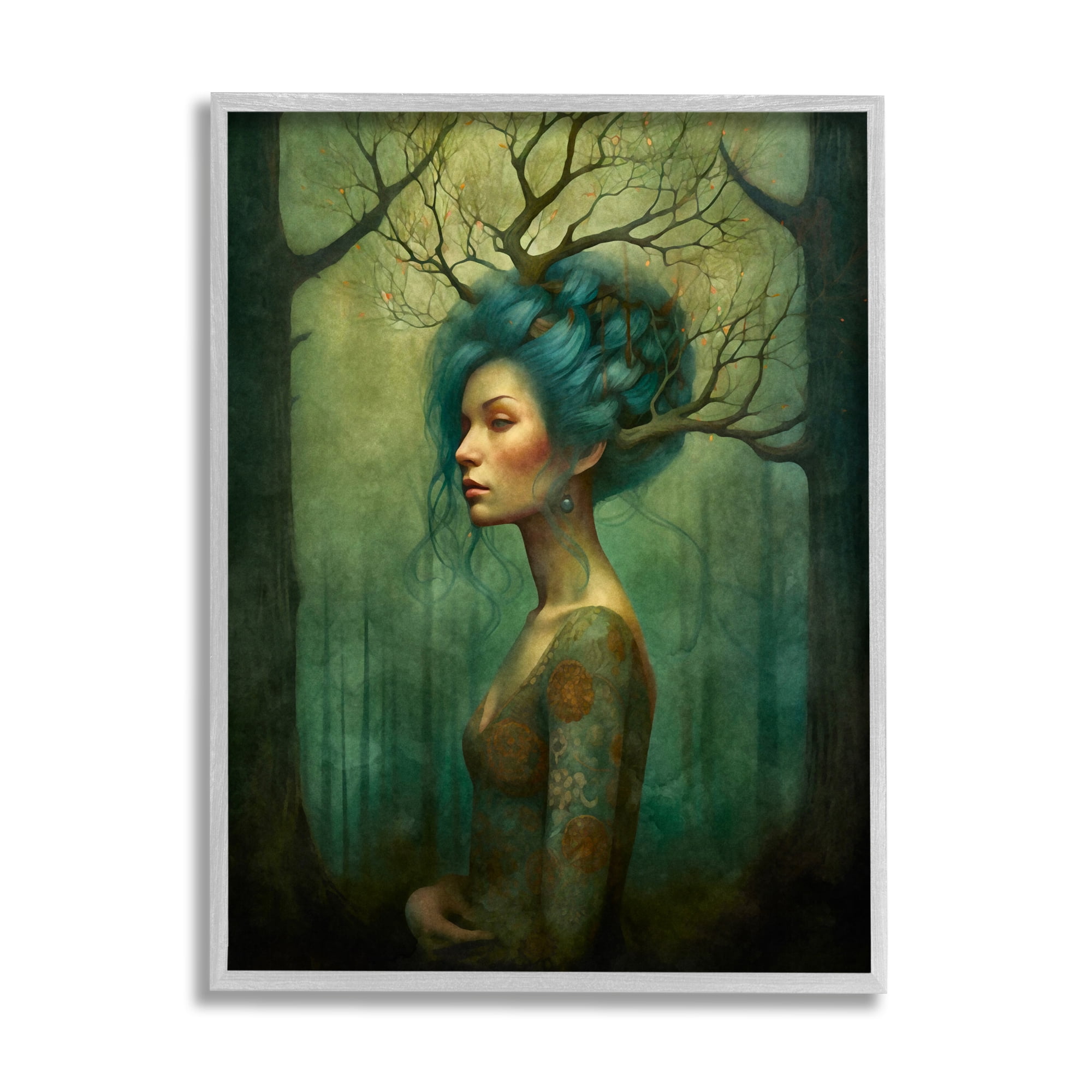 Stupell Industries Woman in Woodland Scene Fairy Tales & Fantasy Painting Gray Framed Art Print Wall Art, 11 x 14
