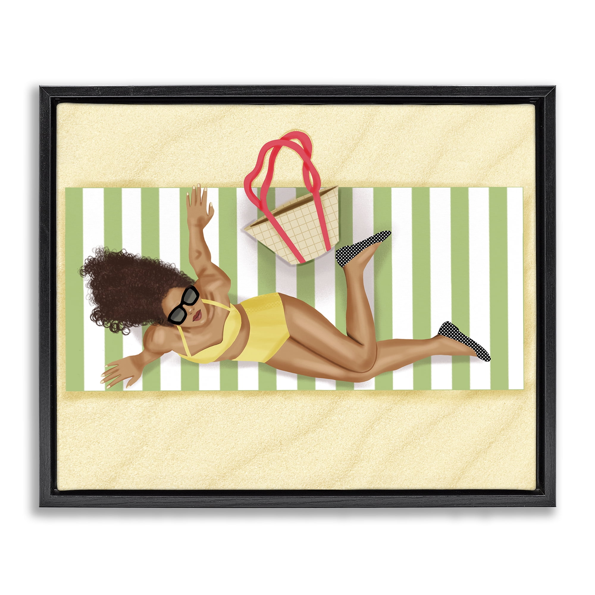 Stupell Industries Woman on Beach Blanket People Painting Black Floater Framed Canvas Art Print Wall Art, 21 x 17