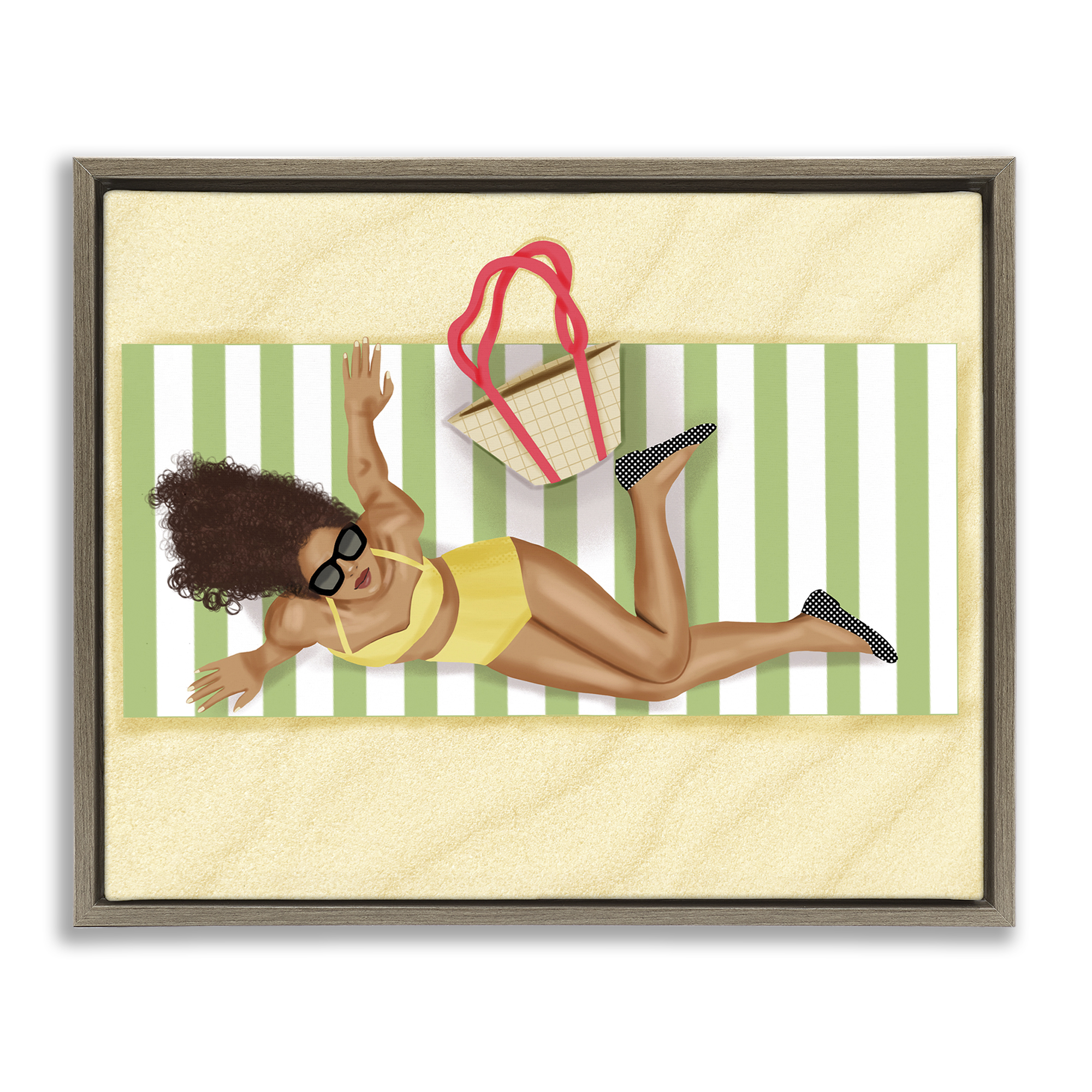 Stupell Industries Woman on Beach Blanket People Painting Brown Floater Framed Canvas Art Print Wall Art, 31 x 25