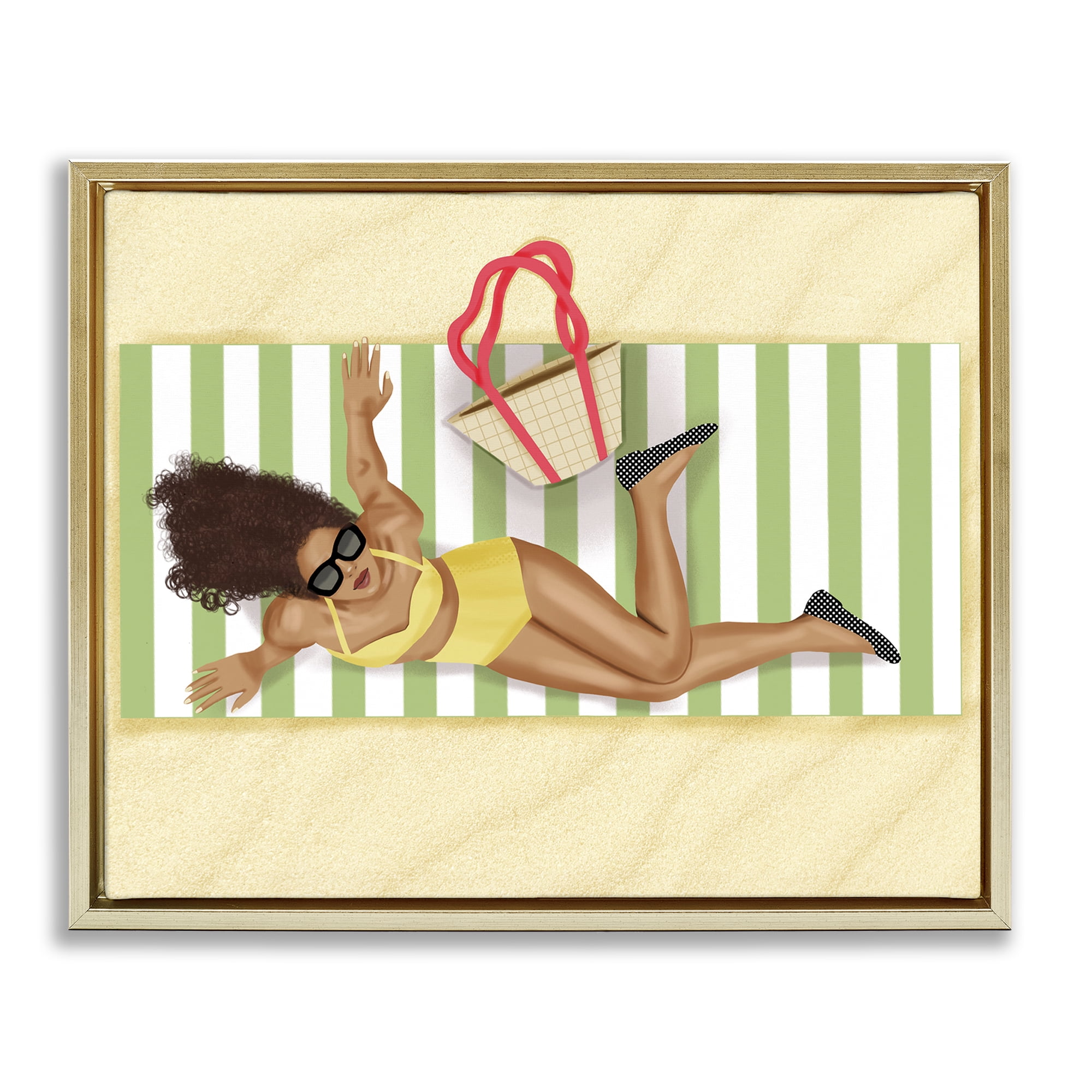 Stupell Industries Woman on Beach Blanket People Painting Gold Floater Framed Canvas Art Print Wall Art, 21 x 17