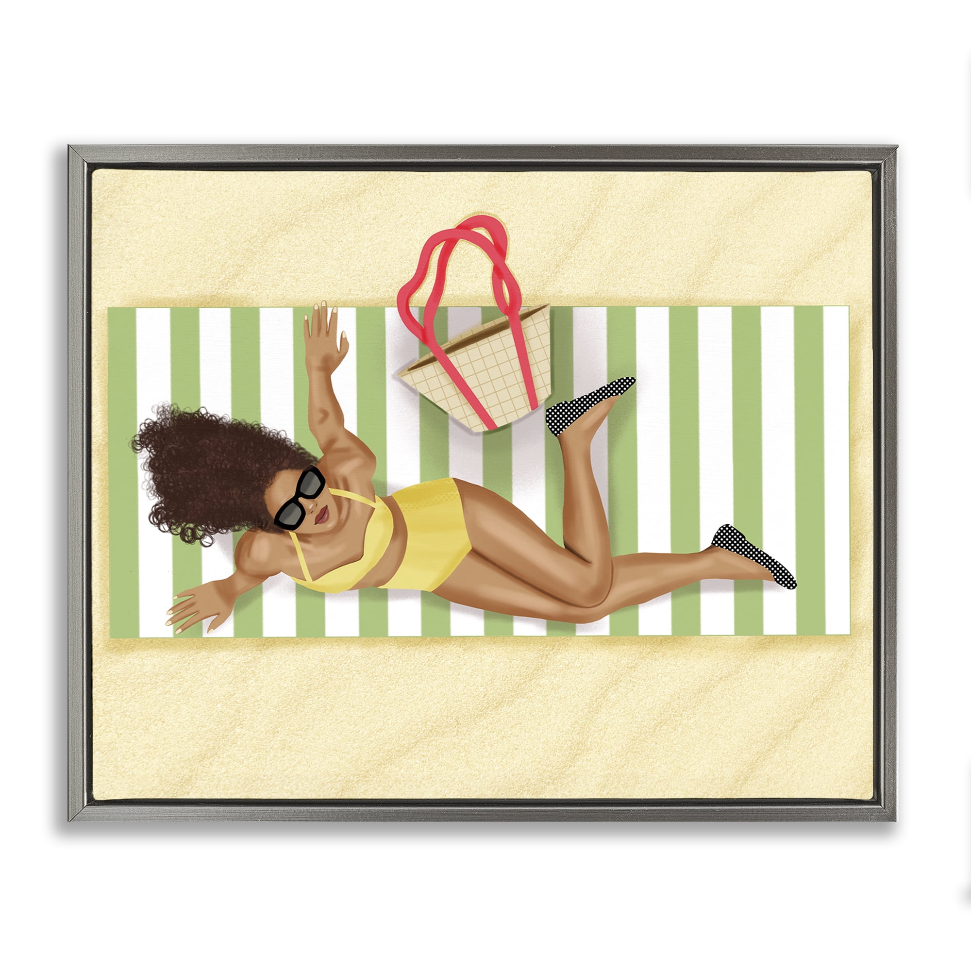 Stupell Industries Woman on Beach Blanket People Painting Gray Floater Framed Canvas Art Print Wall Art, 21 x 17