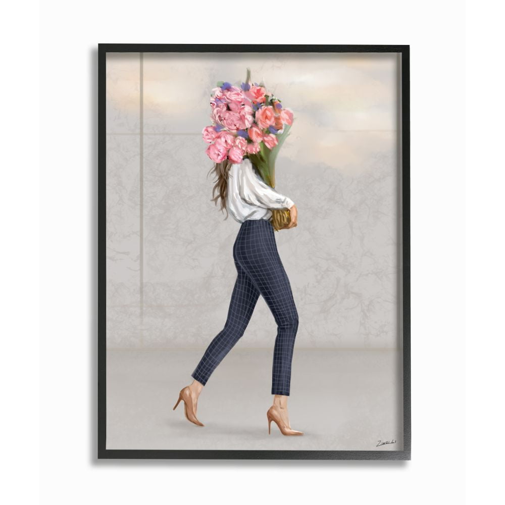 Woman with Floral Bouquet Fashion Canvas Print in Black Frame, 11" x 14"